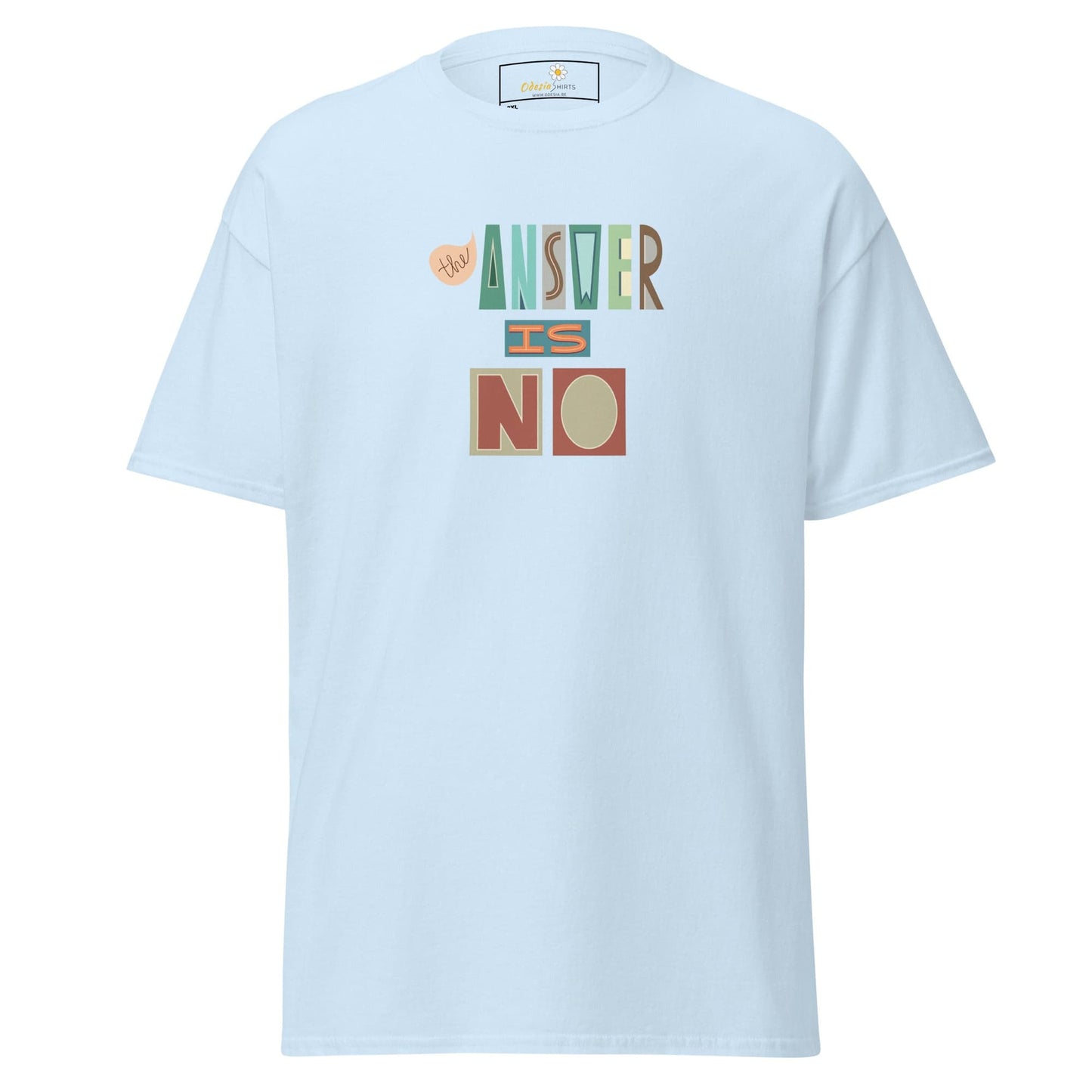 Light blue t-shirt with graphic text.
