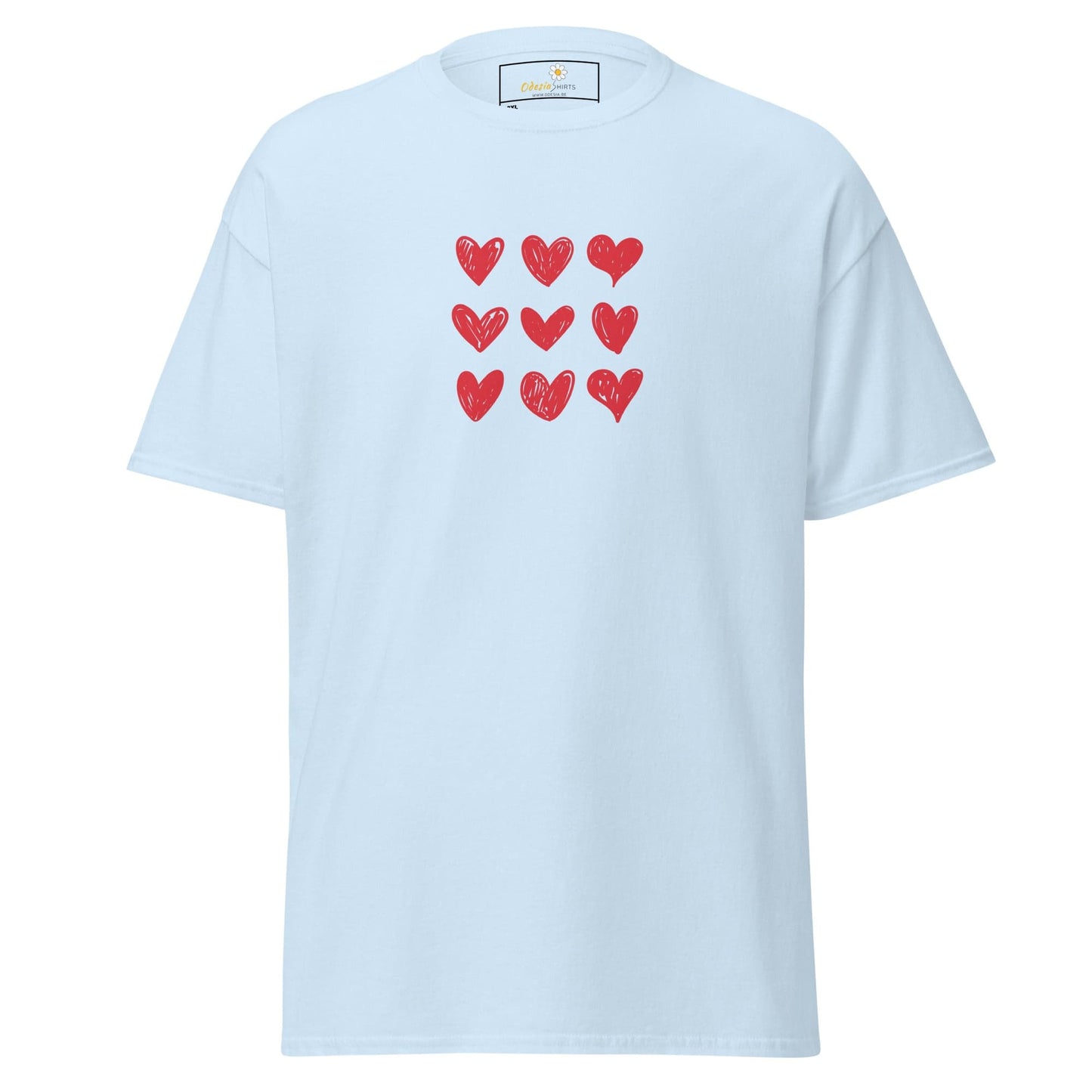 Light blue t-shirt with red heart pattern.