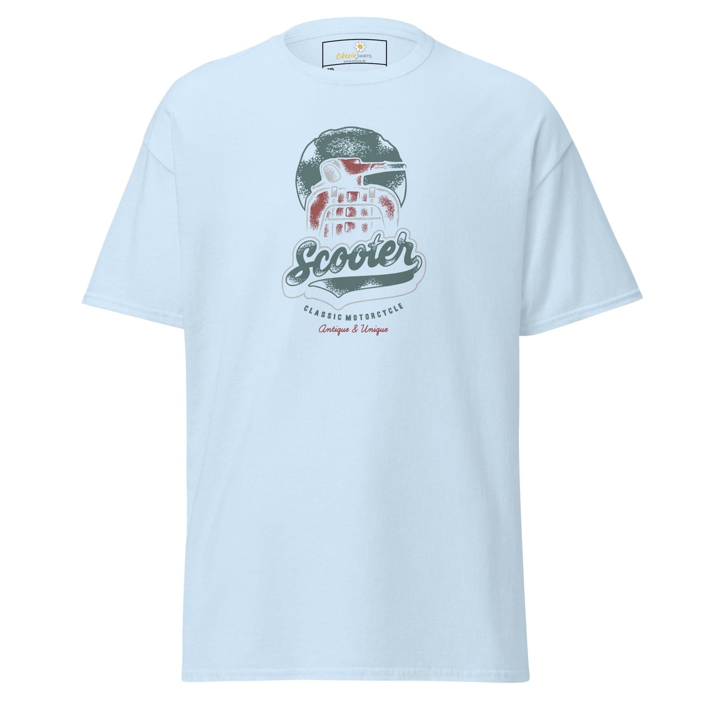 White t-shirt with scooter graphic.