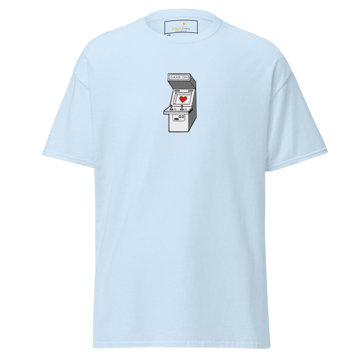 Light blue T-shirt featuring an arcade game graphic, suitable for men and women in sizes 2XL to 5XL