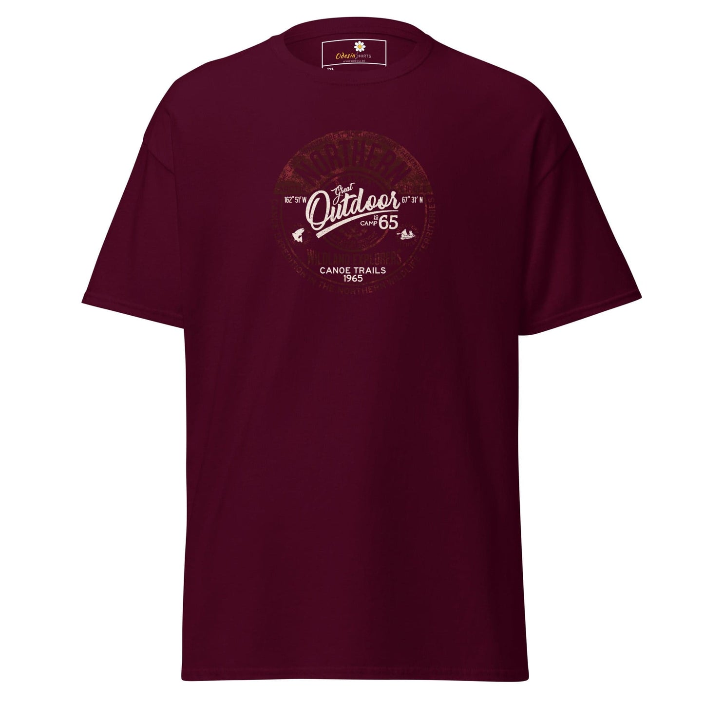 Maroon t-shirt.