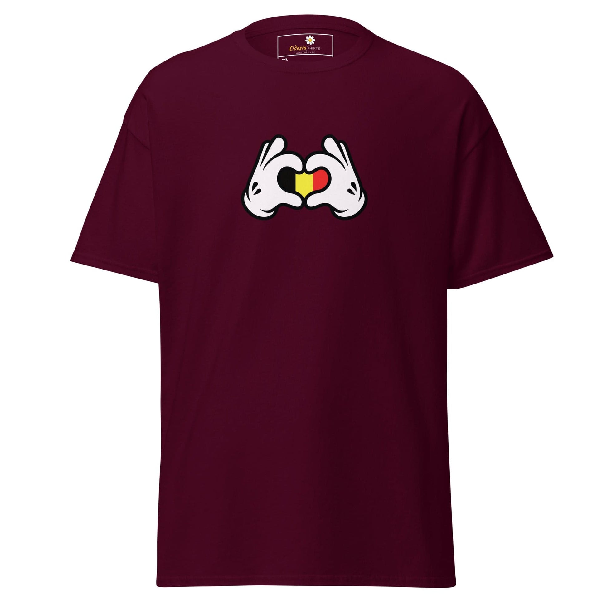 Maroon t-shirt with heart-shaped hands.
