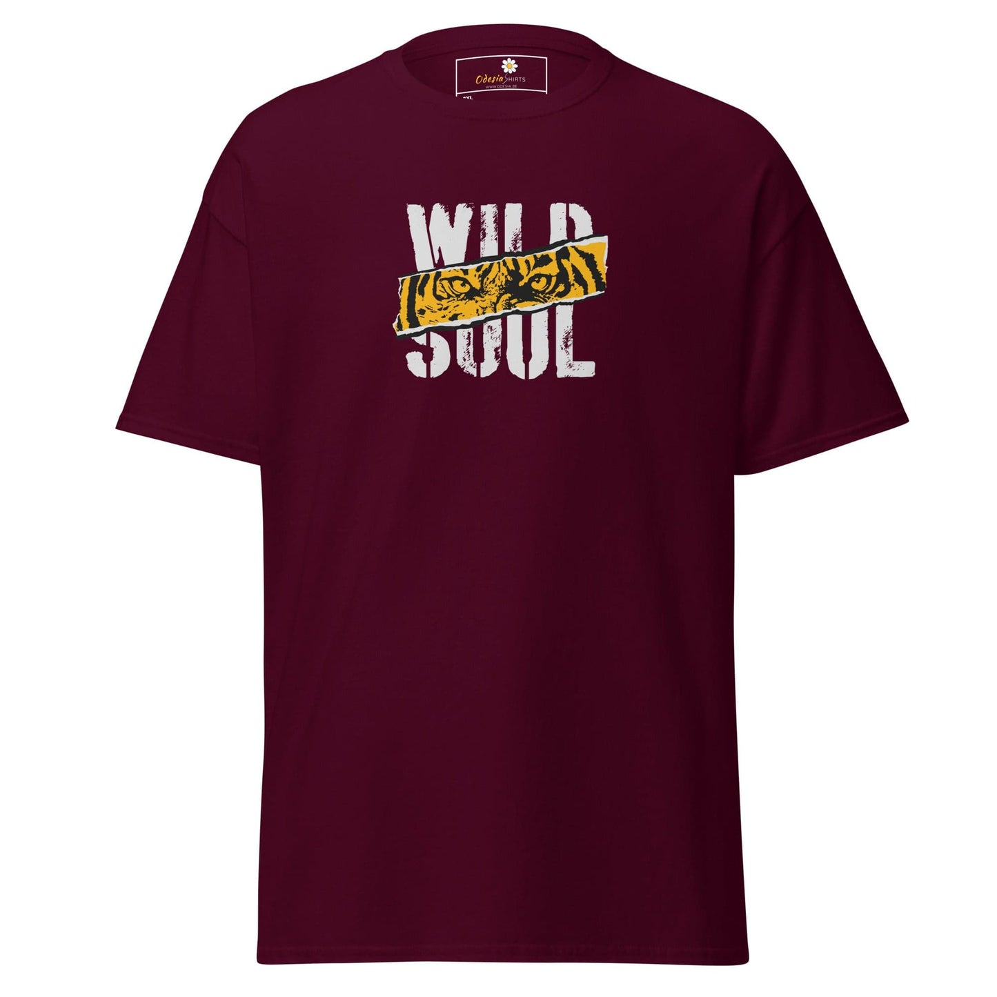 Maroon t-shirt with tiger eyes graphic.
