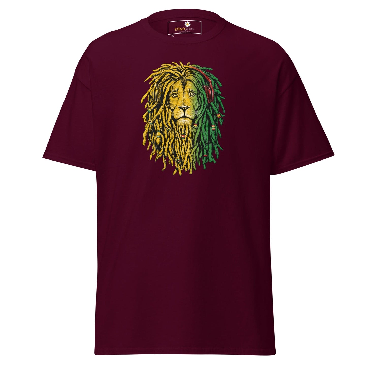 Maroon t-shirt with lion graphic.
