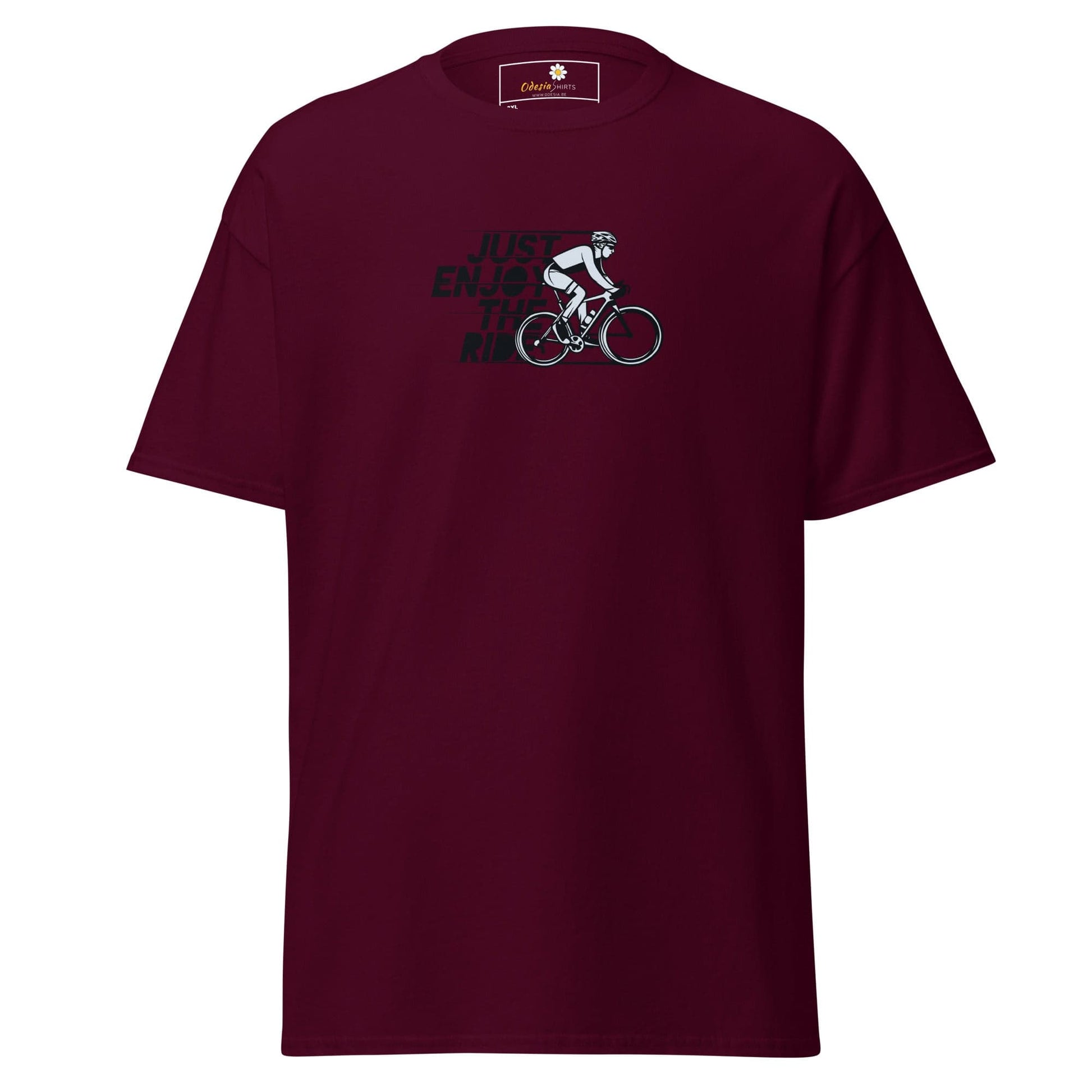 Maroon T-shirt with cyclist graphic from T-SHIRT DESIGN TEE for Men and Women in 2XL to 5XL
