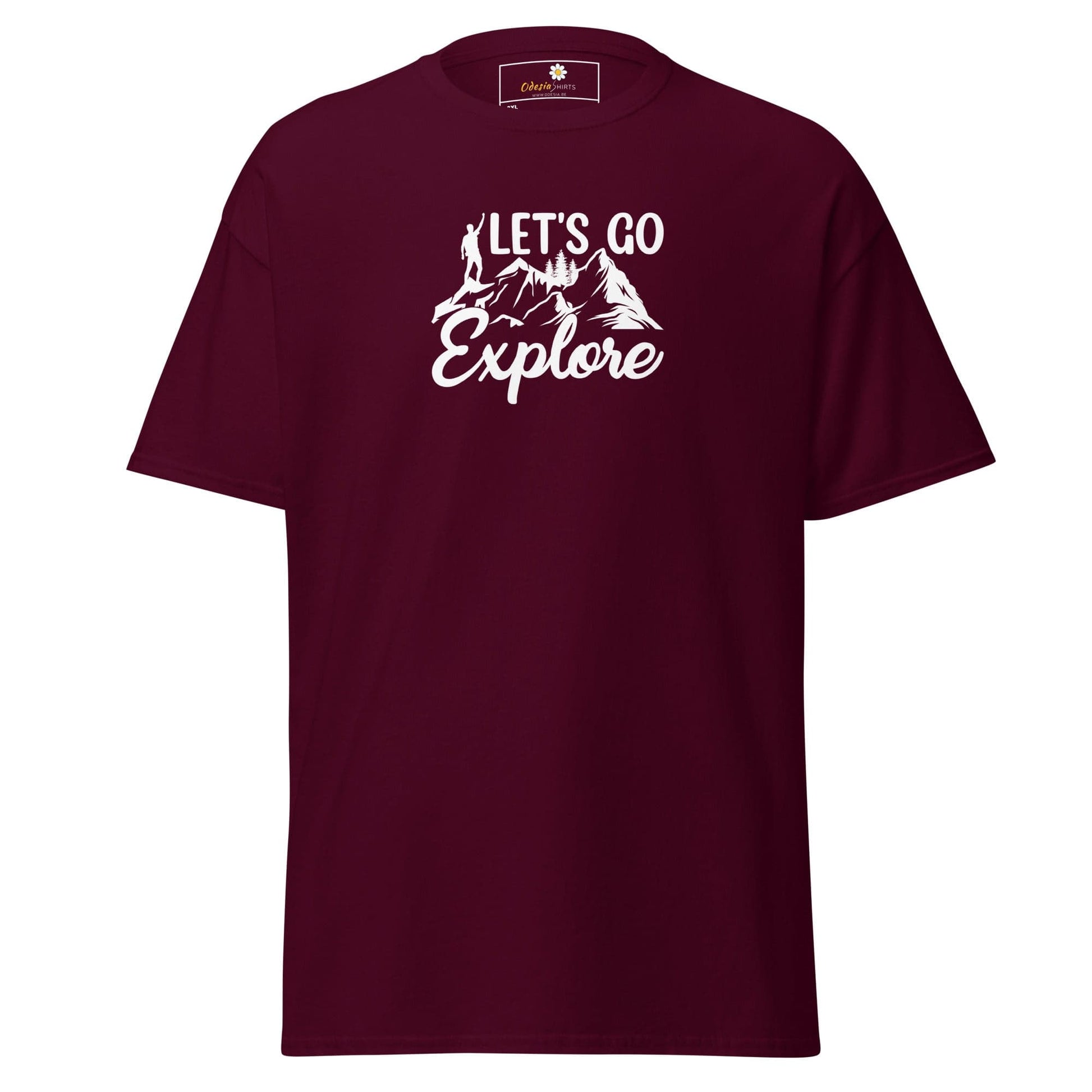Maroon T-shirt featuring Lets Go Explore graphic for men and women in 2XL to 5XL sizes