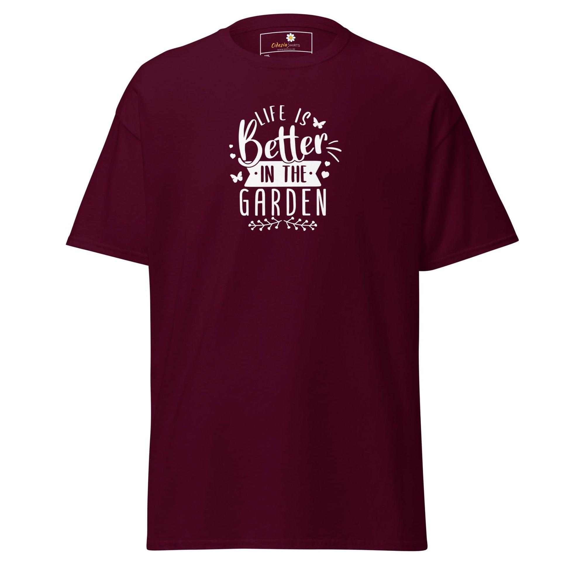 Maroon t-shirt with white garden-themed text.