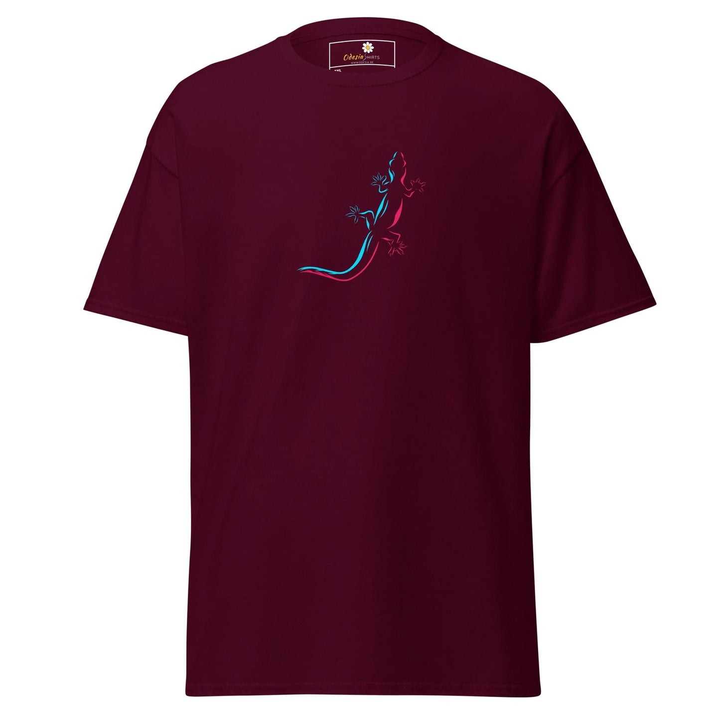 Maroon t-shirt with lizard design.