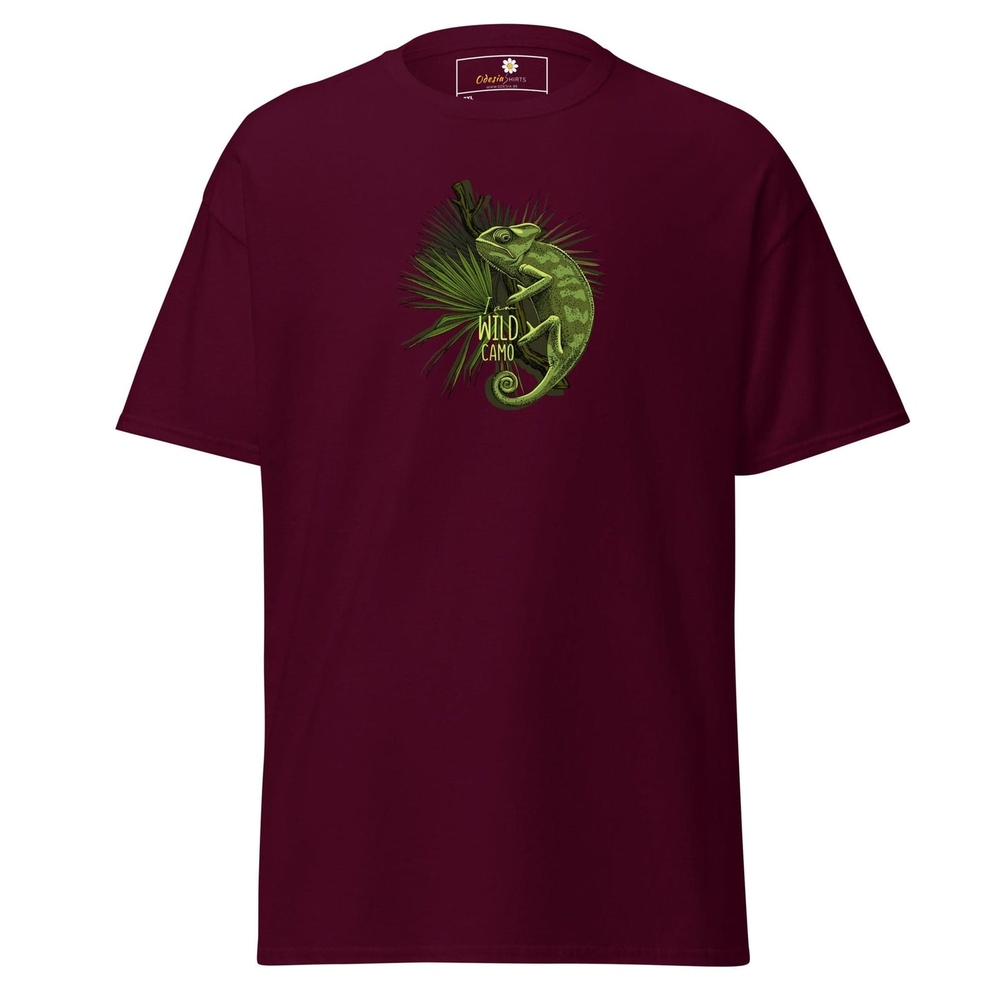 Maroon t-shirt with chameleon graphic.