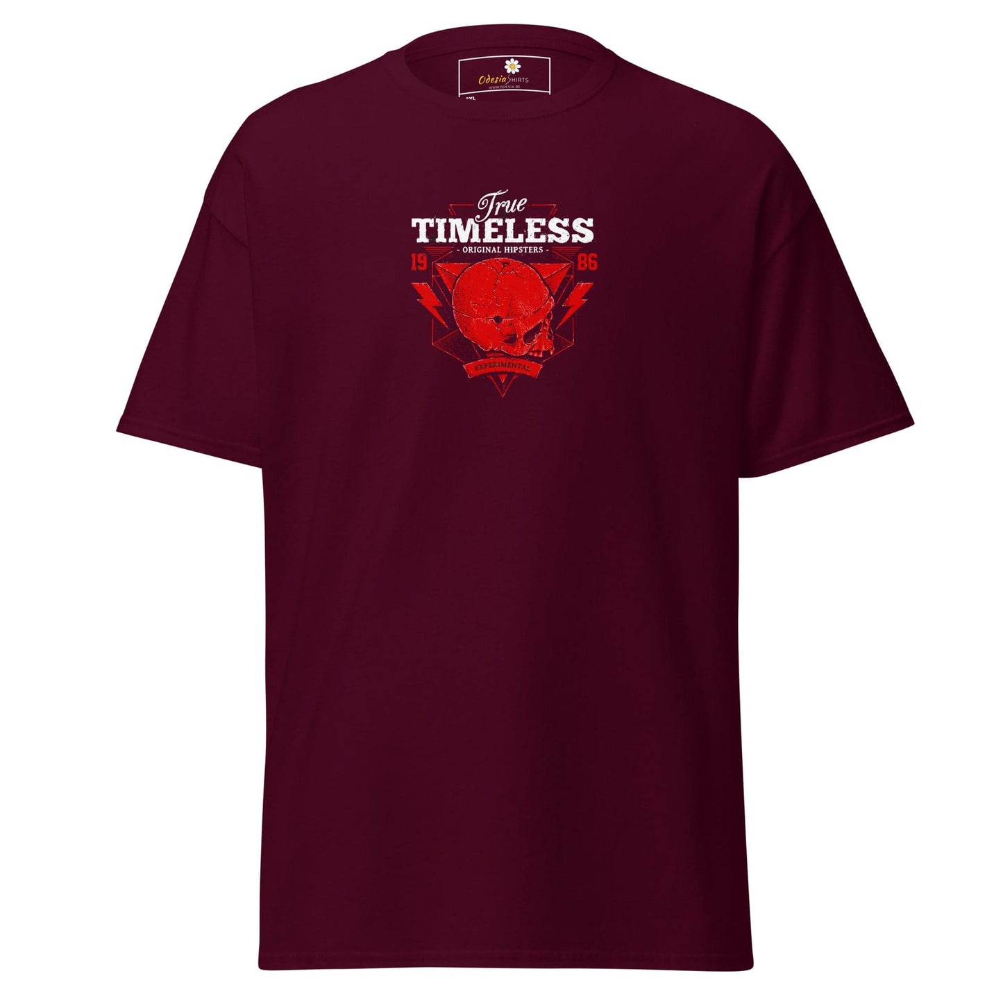 Maroon T-shirt with skull graphic for Men and Women in sizes 2XL to 5XL