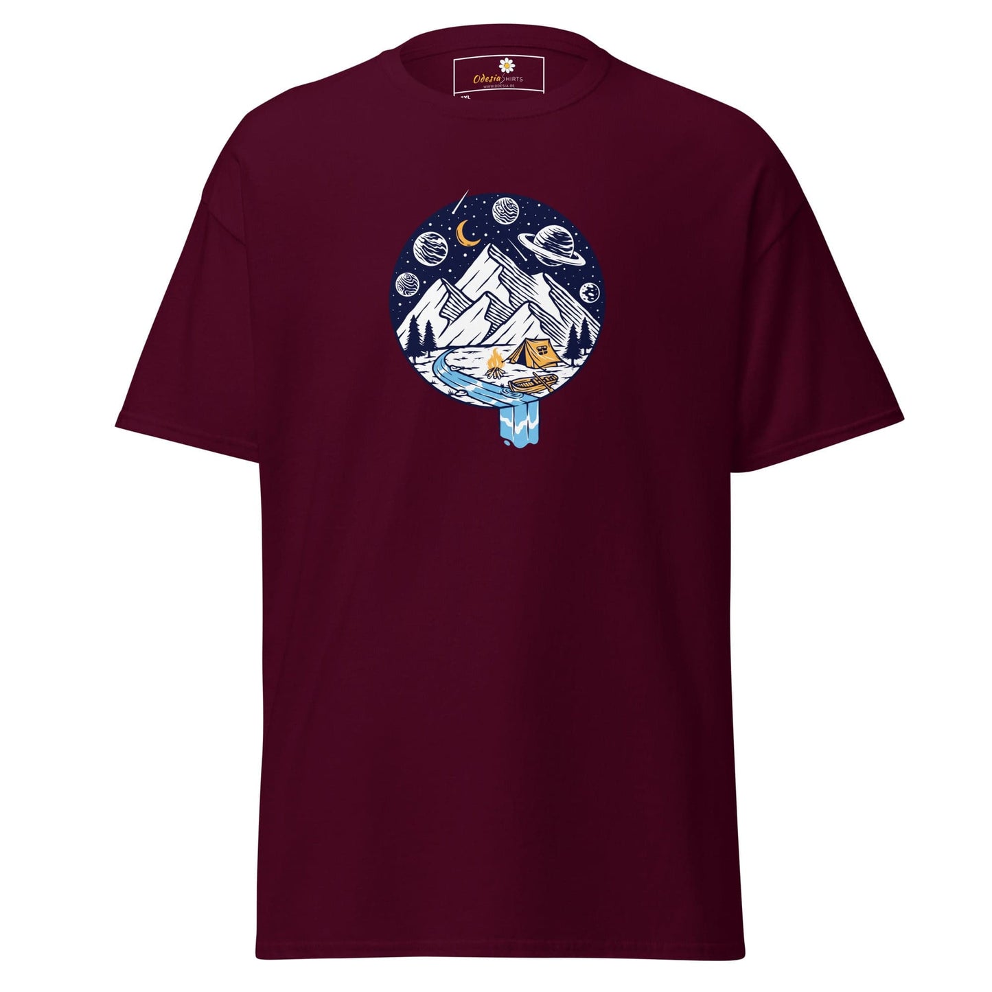 Maroon t-shirt with a circular mountain and space graphic.