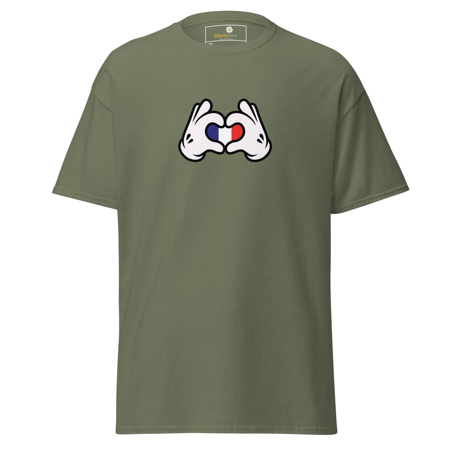 Olive green t-shirt with cartoon hands forming a heart with the French flag.