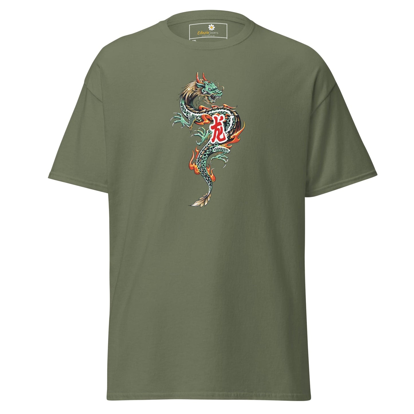 Olive green t-shirt with dragon design.