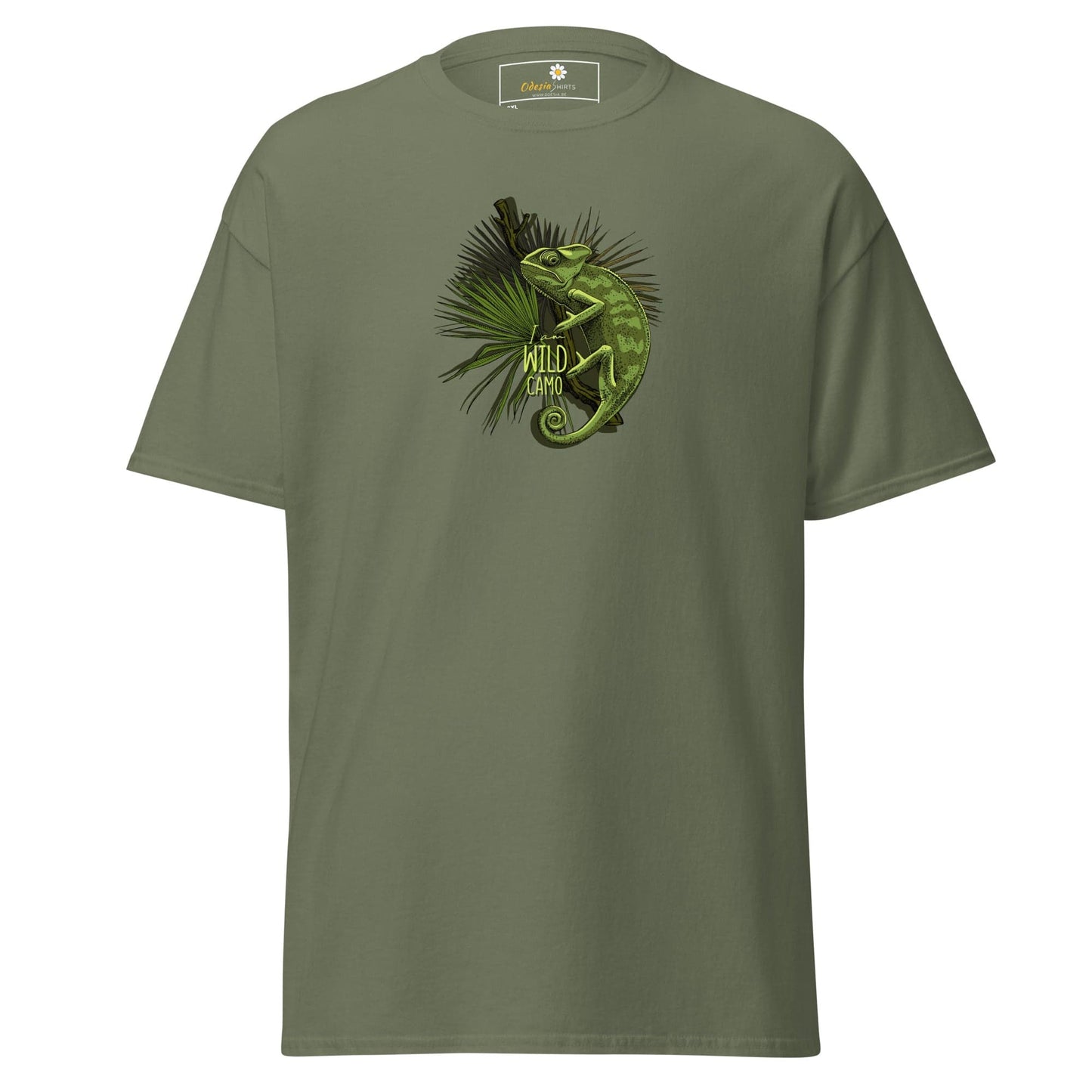 Olive green t-shirt with chameleon graphic.