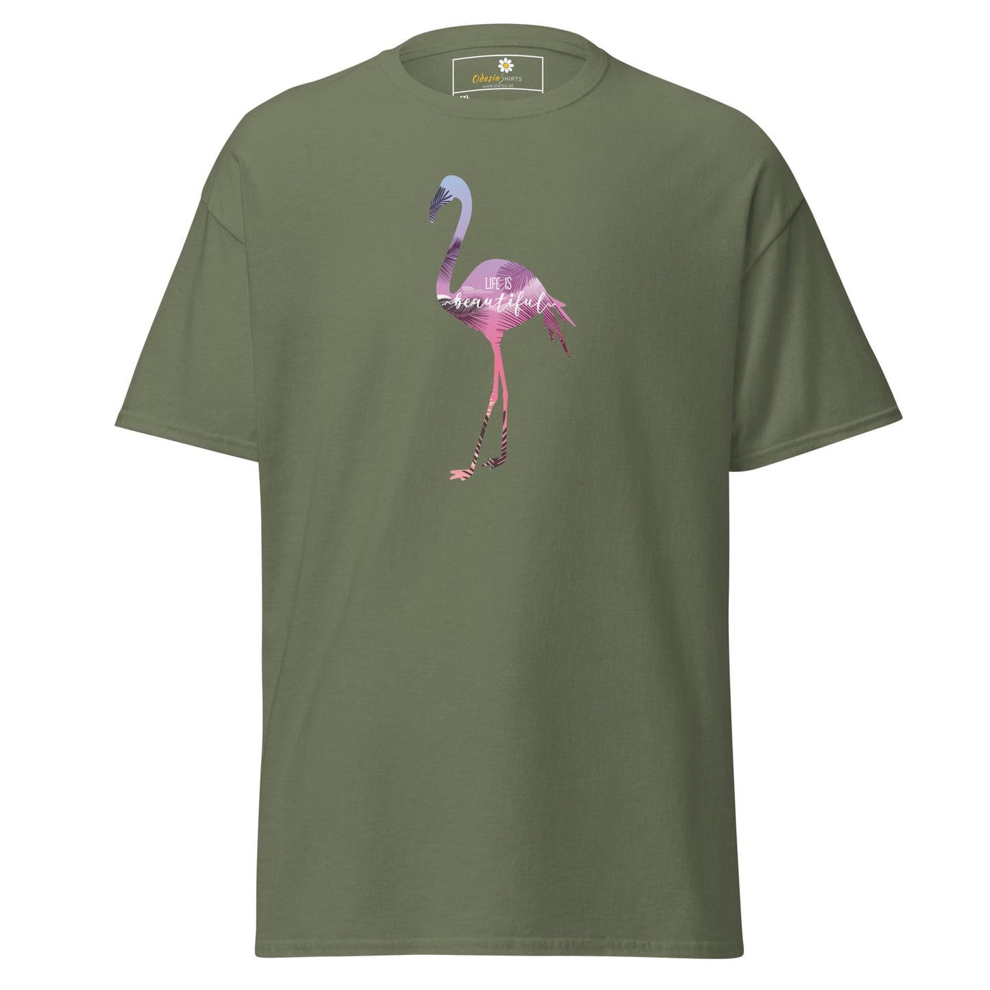 Olive green t-shirt with flamingo design for men and women in sizes 2XL to 5XL