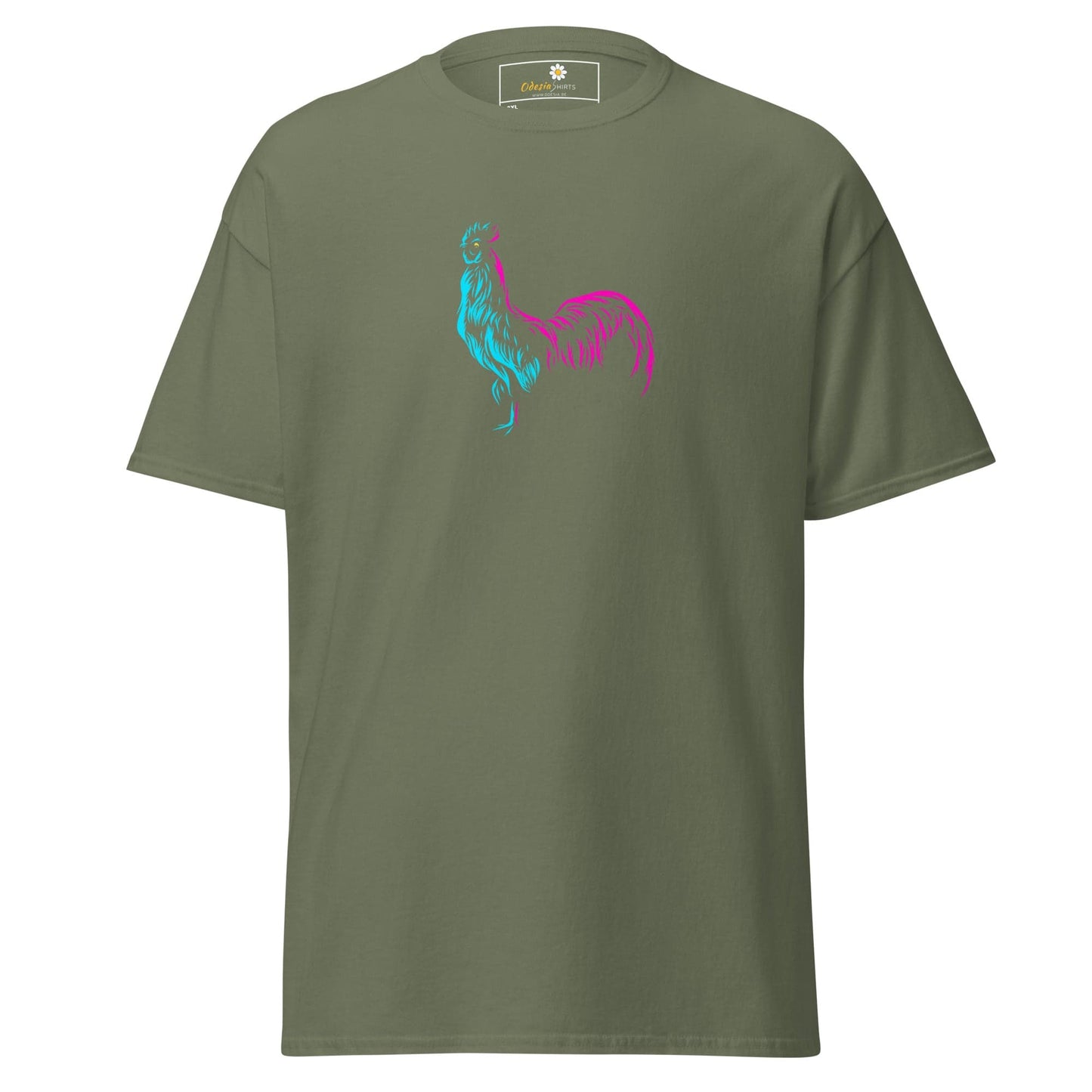 Olive green t-shirt featuring a blue and pink rooster design for men and women sizes 2XL to 5XL