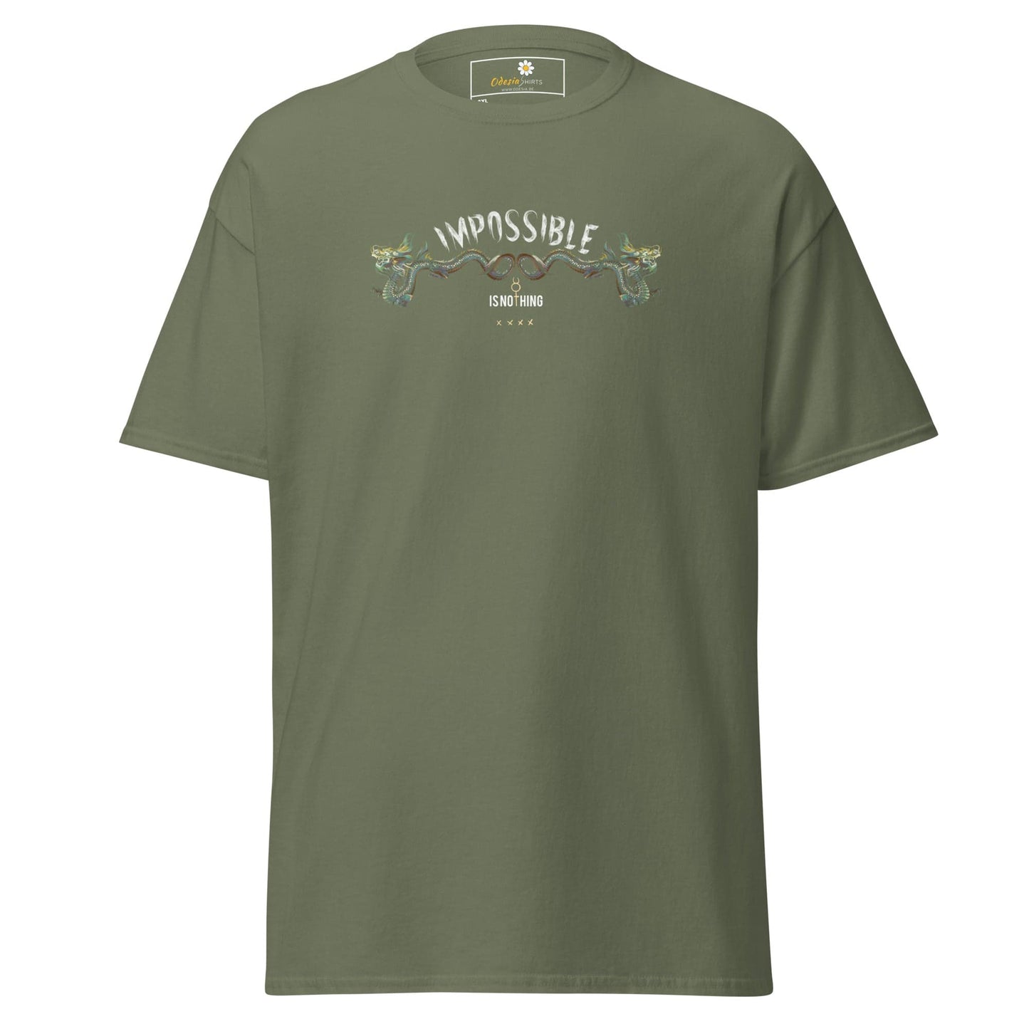 Olive green t-shirt.
