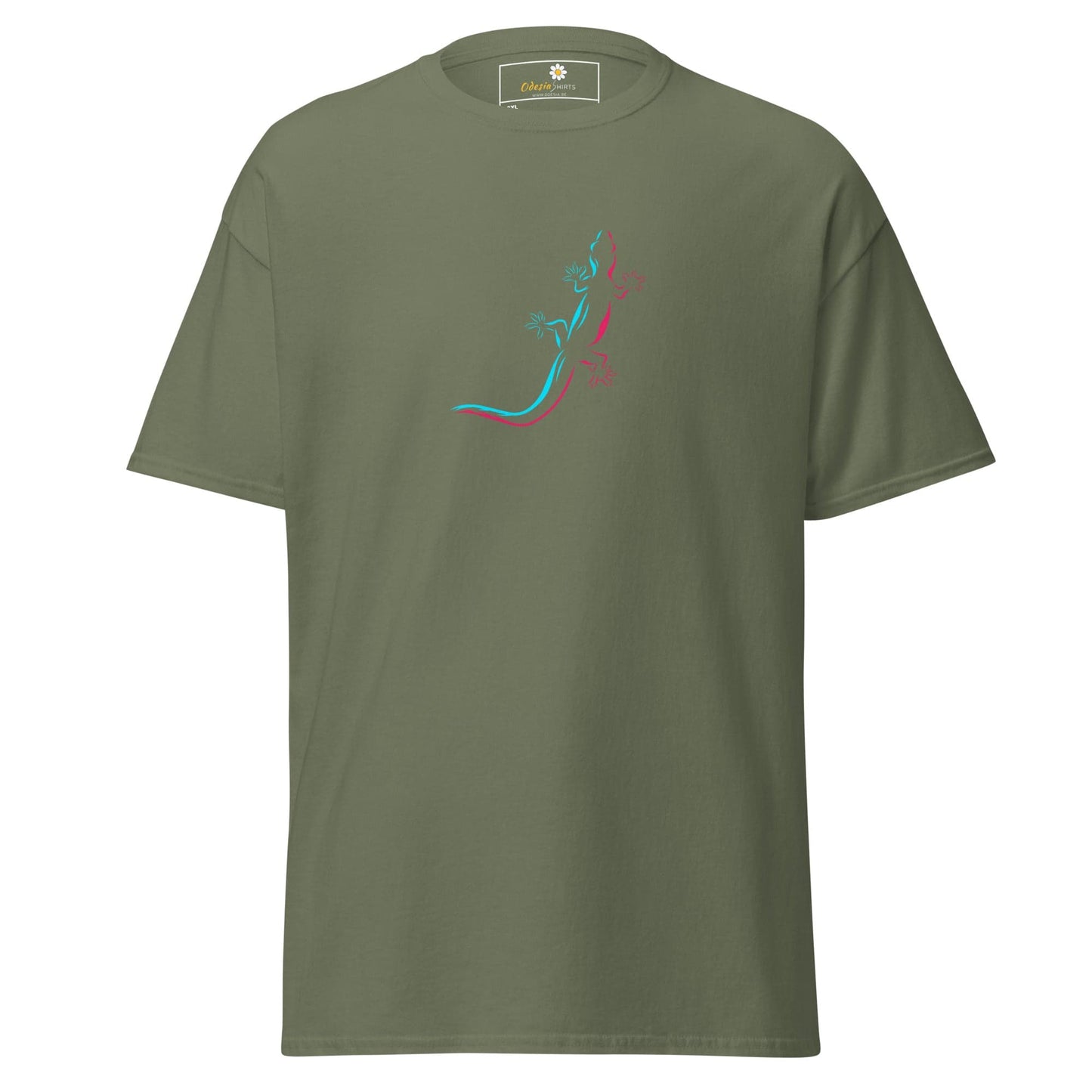 Olive green t-shirt with colorful abstract design.