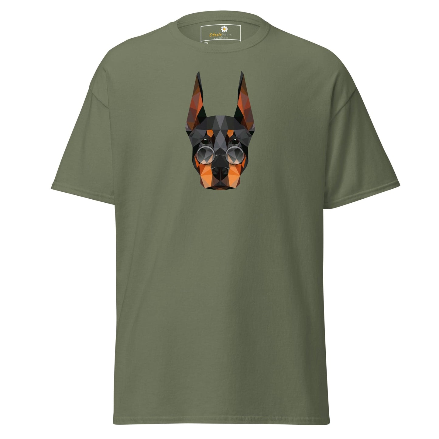 Olive green T-shirt featuring a geometric dog design for men and women in size 2XL to 5XL