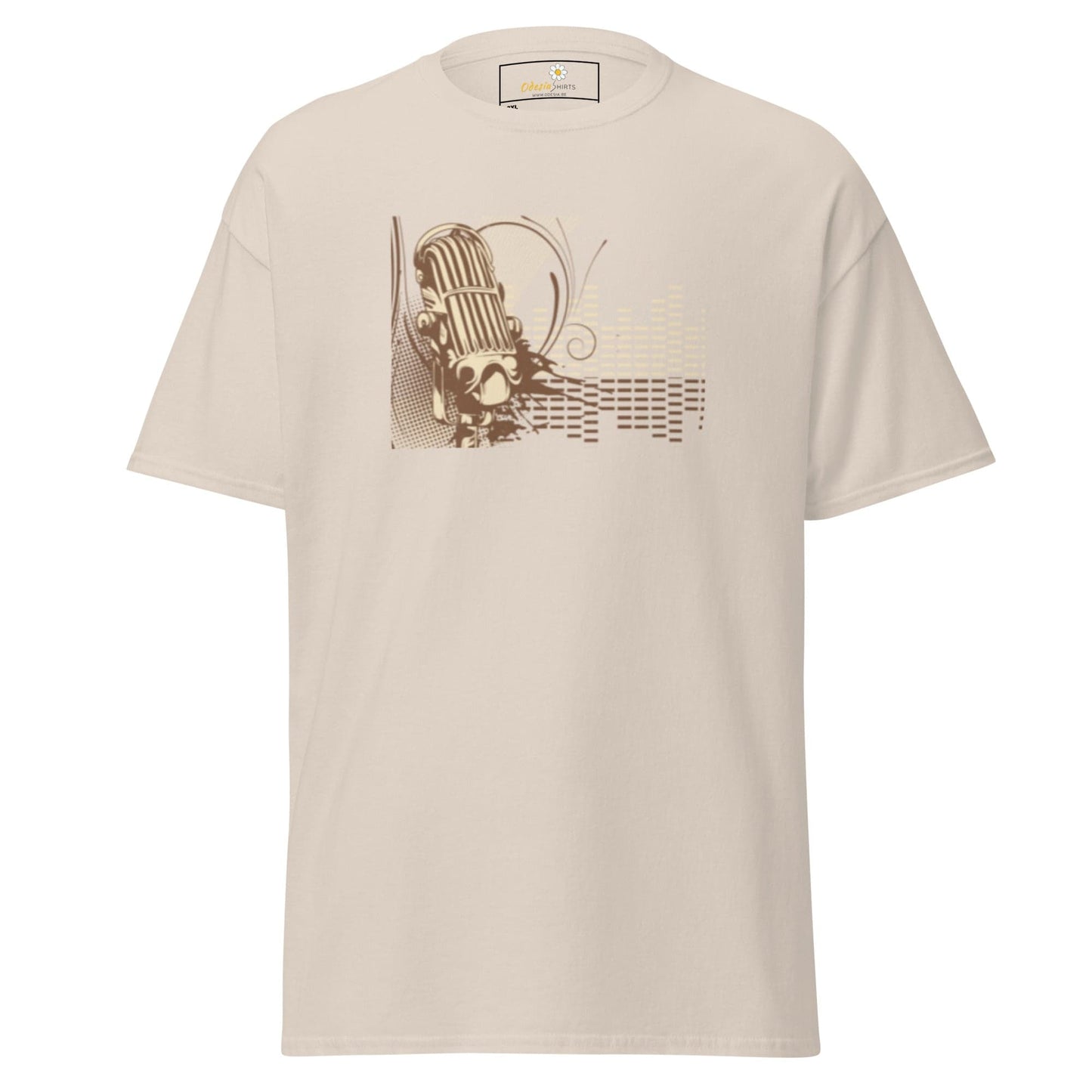 Beige T-shirt with microphone graphic, large size for men and women, 2XL to 5XL