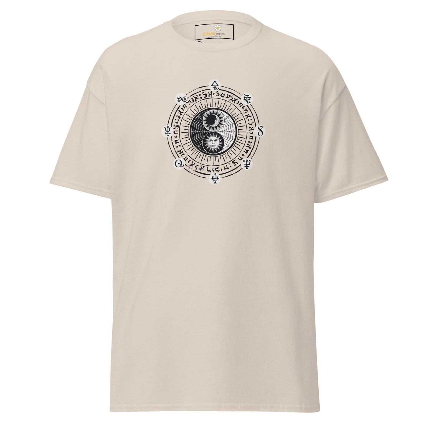 Beige t-shirt with yin-yang design.