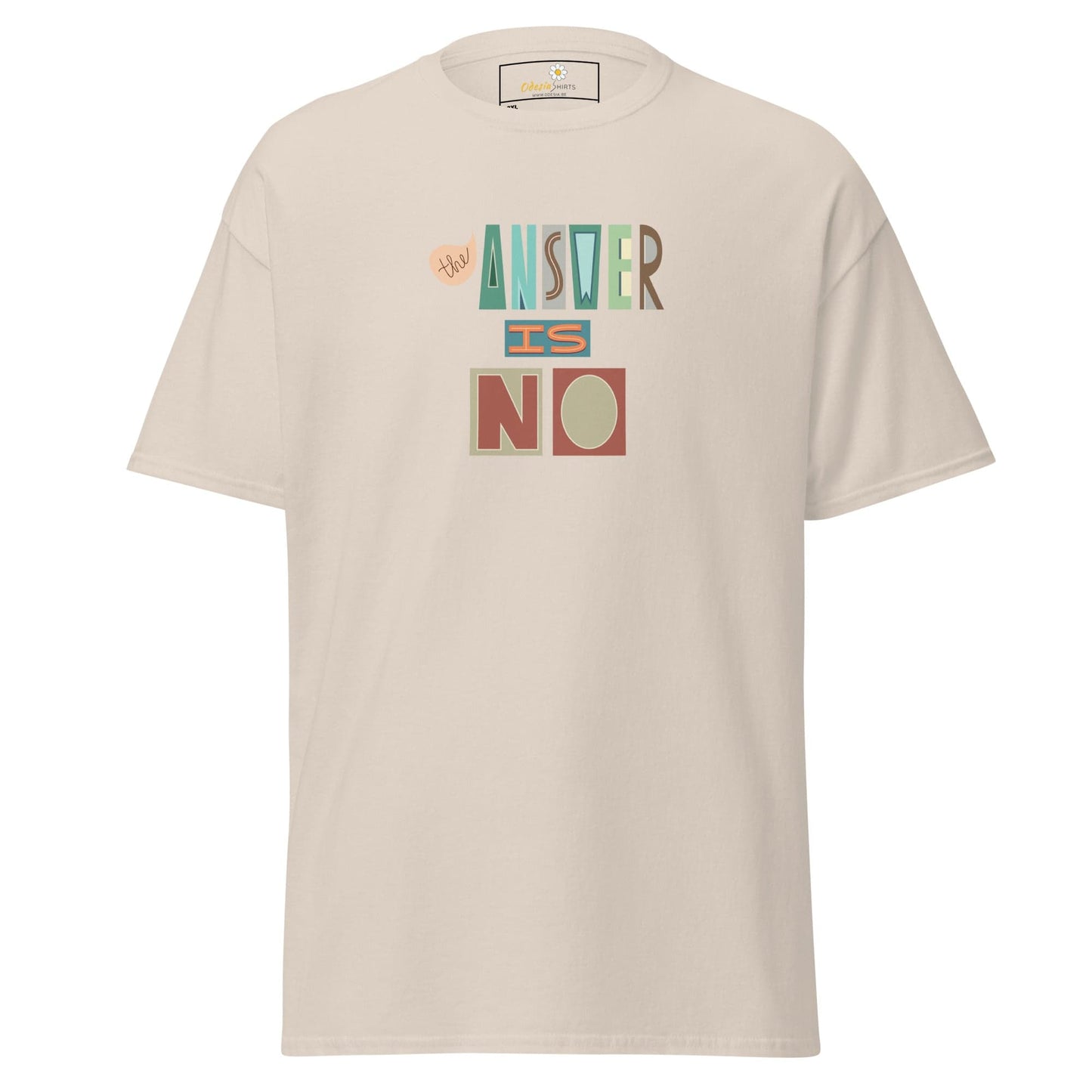 Beige t-shirt with block lettering.