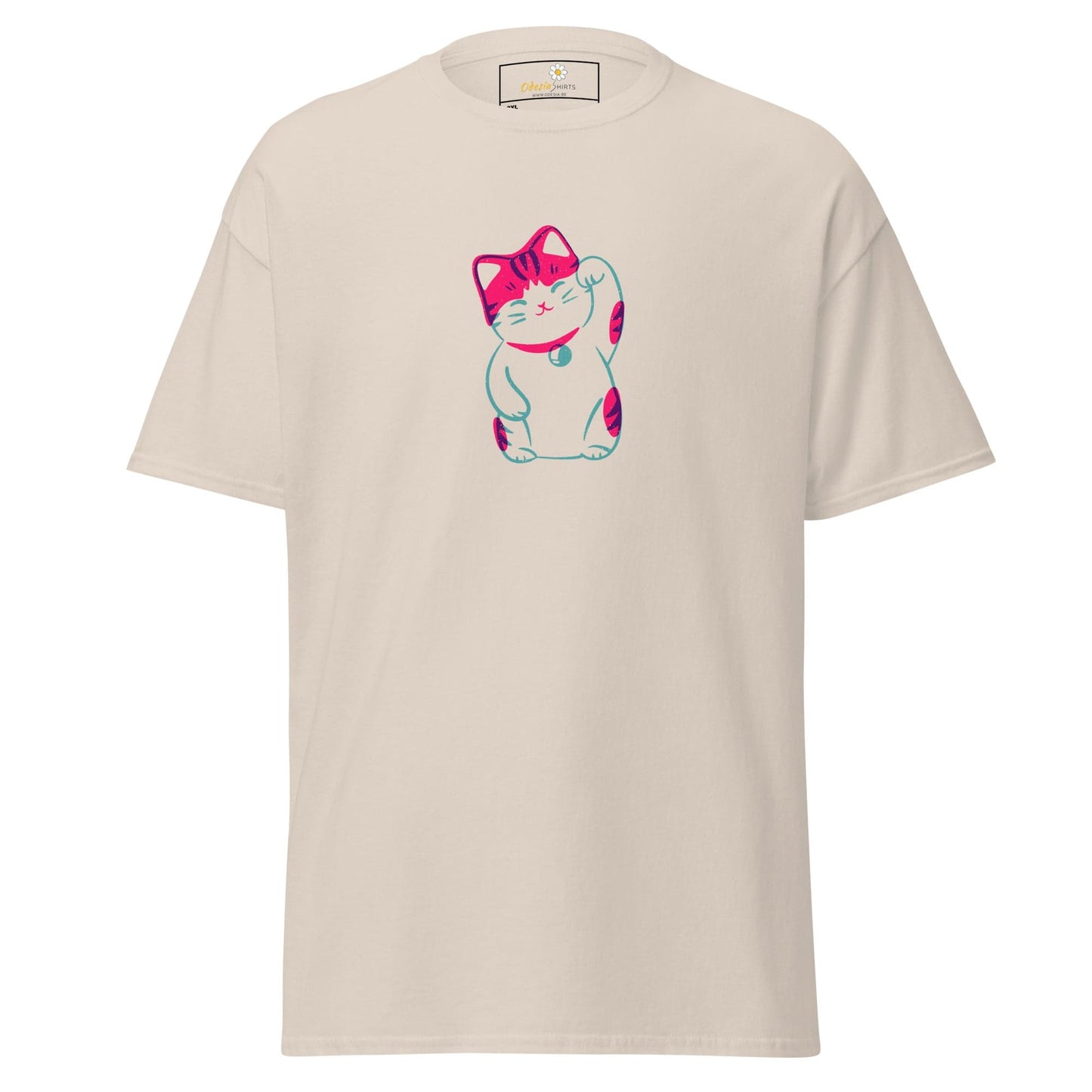 Beige T-shirt with pink and turquoise cat design, available in 2XL to 5XL sizes