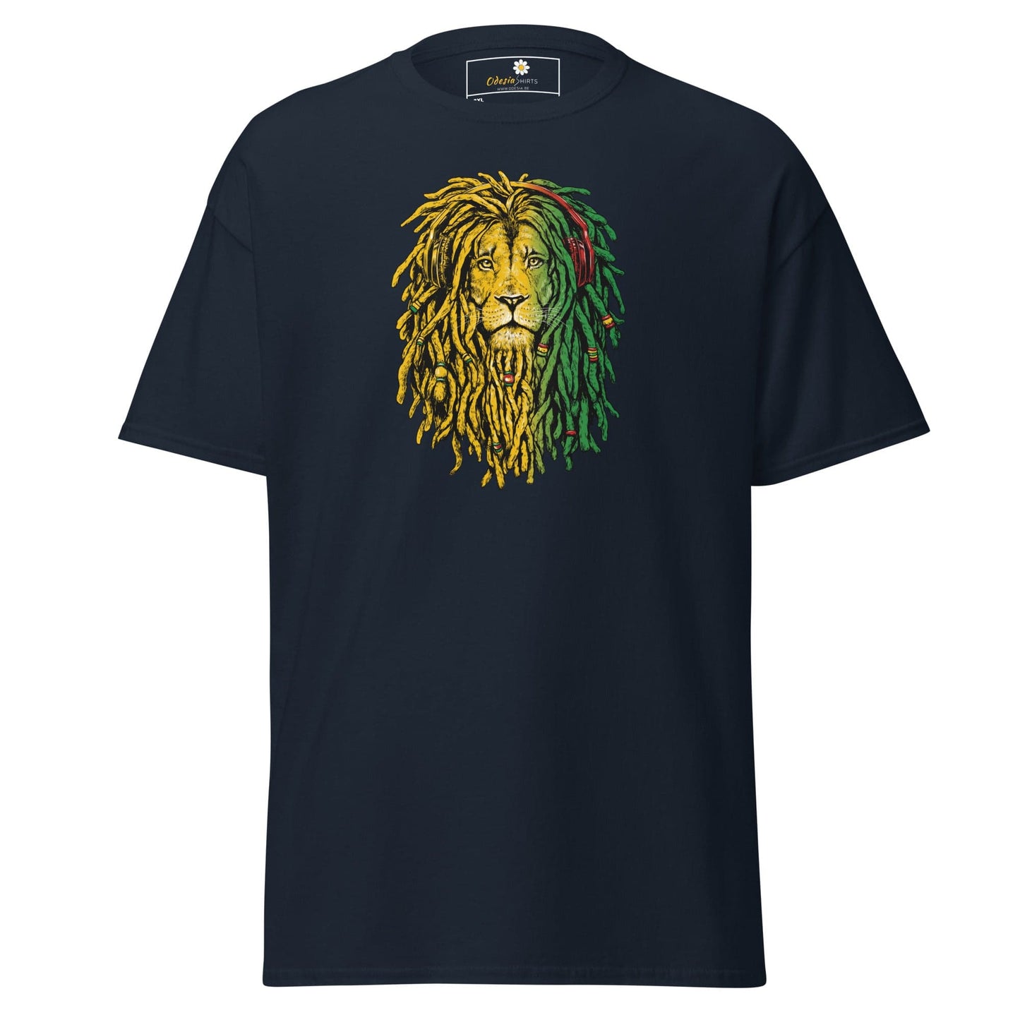 Navy blue t-shirt with lion graphic.