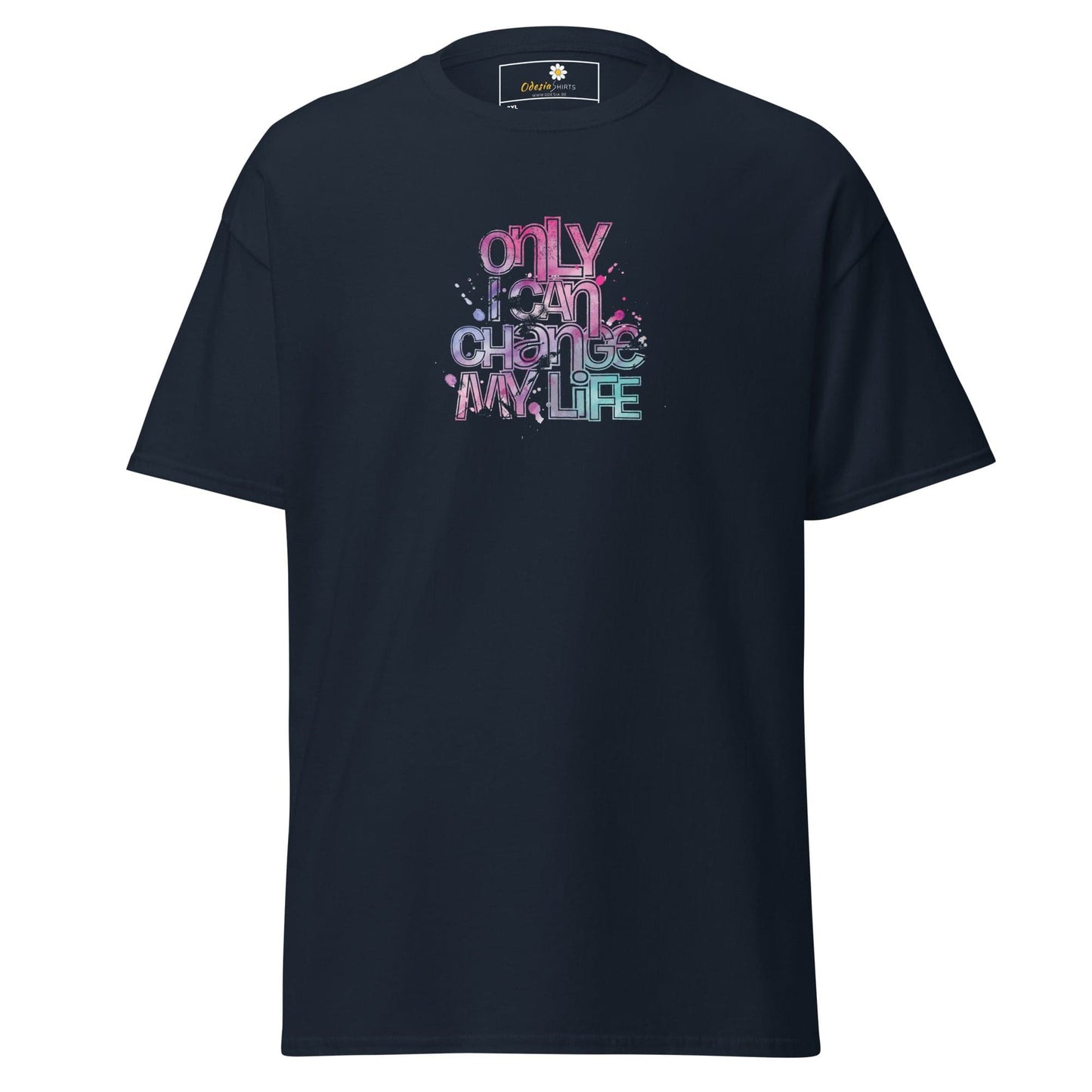 Dark blue men’s and women’s t-shirt with colorful text, available in 2XL to 5XL sizes