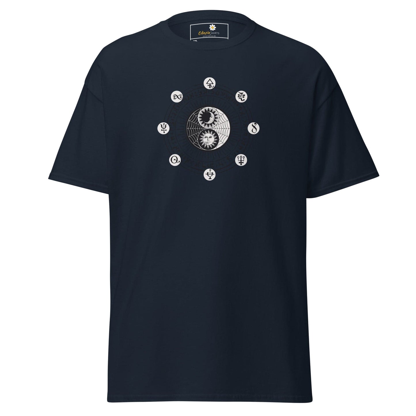 Navy t-shirt with yin-yang design.