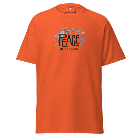 Orange T-shirt with Peace in the World graphic for men and women in sizes 2XL to 5XL