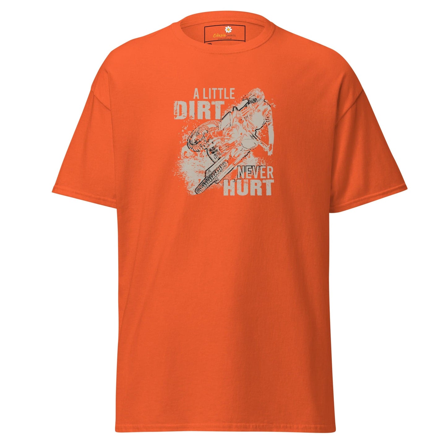 Orange t-shirt with motorcycle graphic.