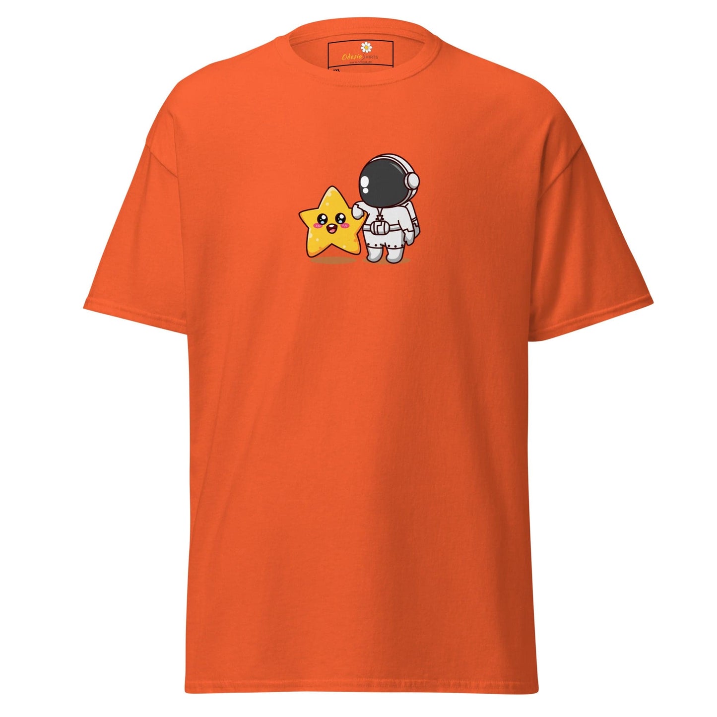 Orange t-shirt with cartoon astronaut and star.