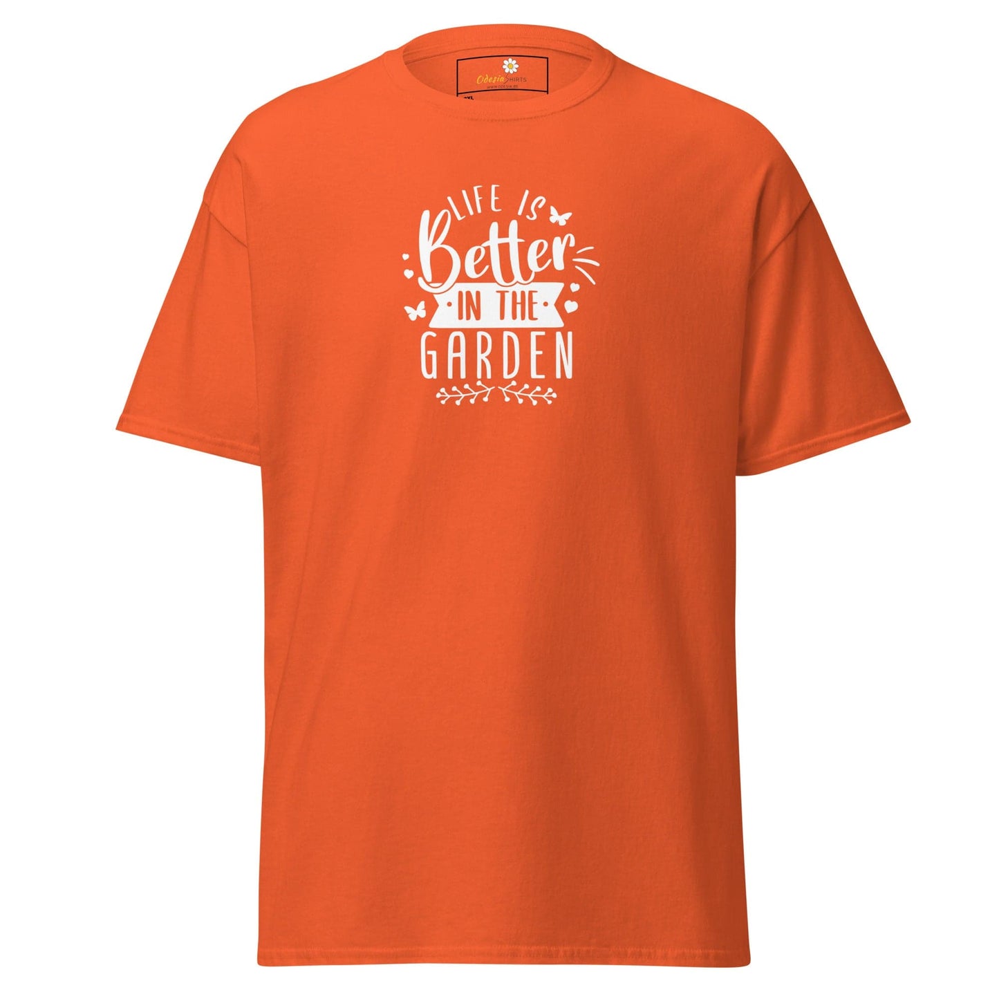 Orange t-shirt with garden-themed text.