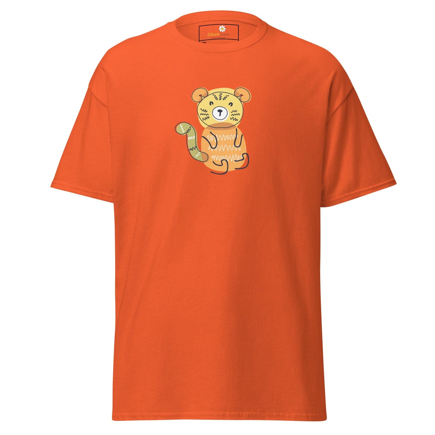 Orange T-shirt featuring a cartoon tiger design for Men and Women sizes 2XL to 5XL