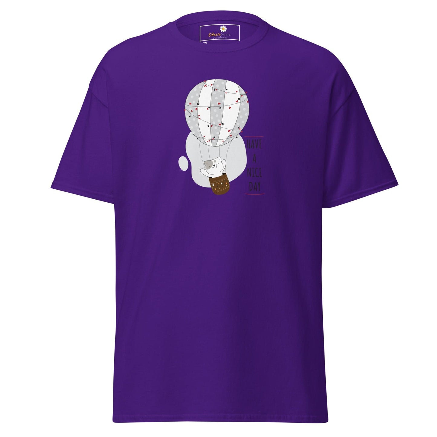 Purple t-shirt with a cartoon balloon graphic for men and women in sizes 2XL to 5XL
