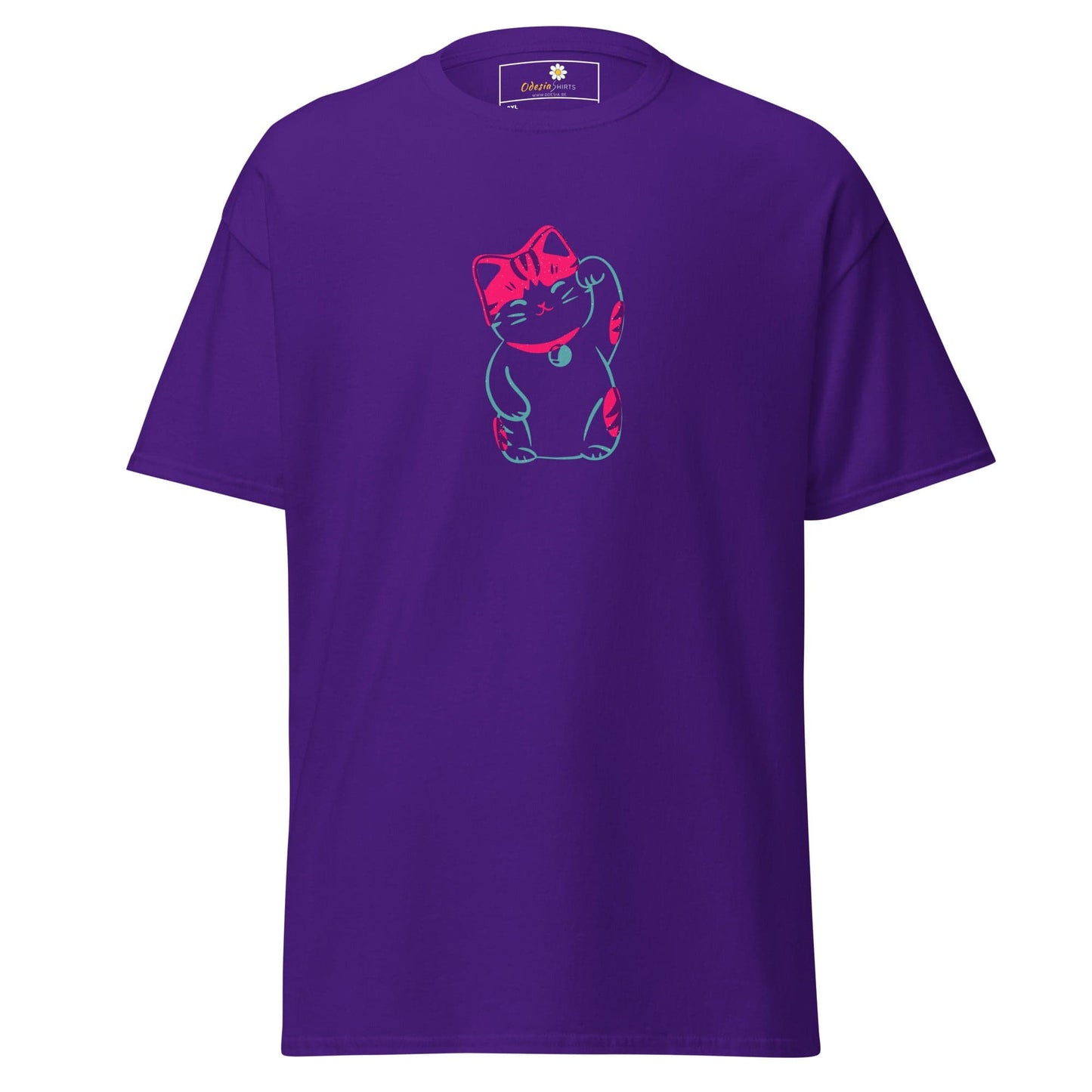 Purple t-shirt with a lucky cat design, available in men’s and women’s sizes 2XL to 5XL