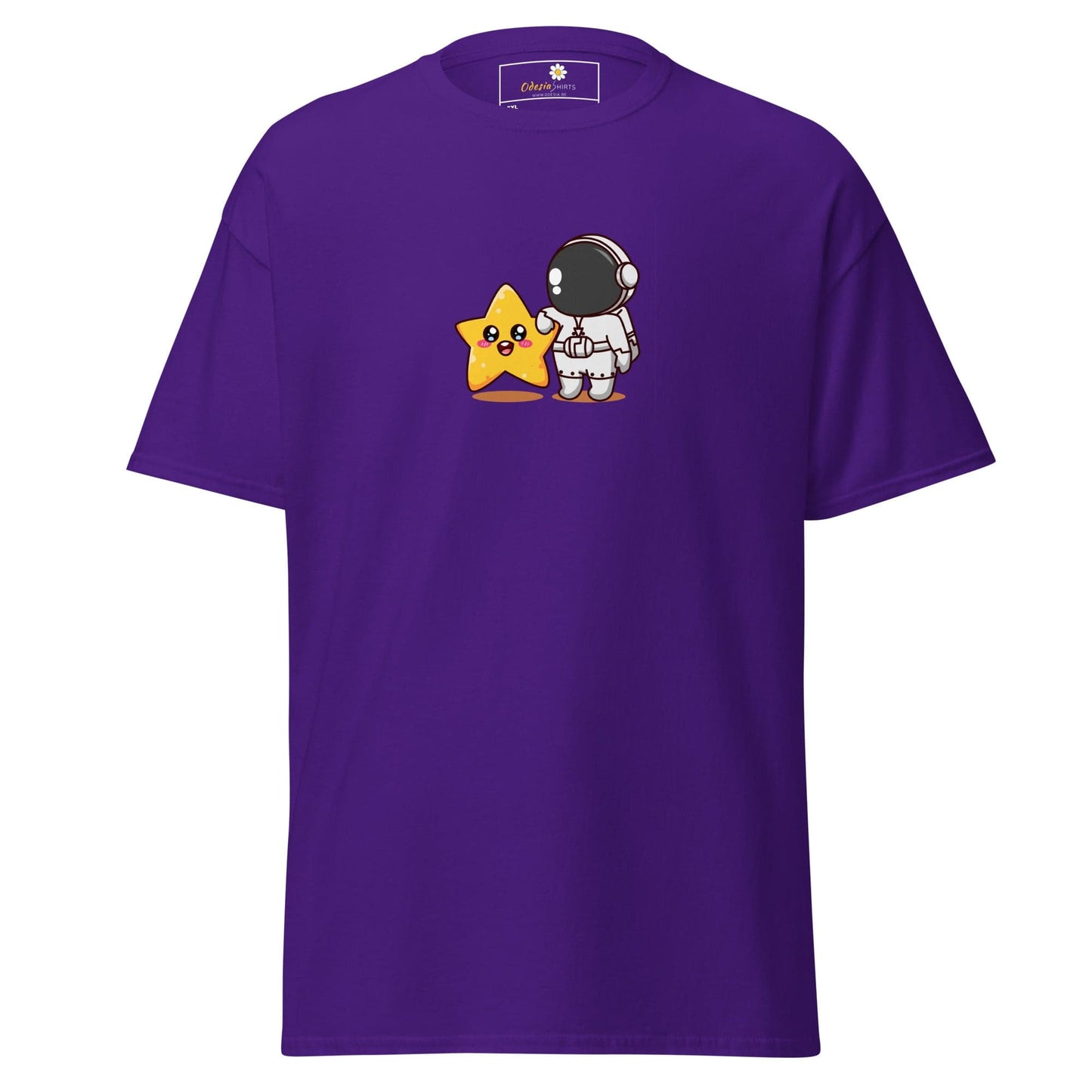 Purple t-shirt with astronaut and star graphic.