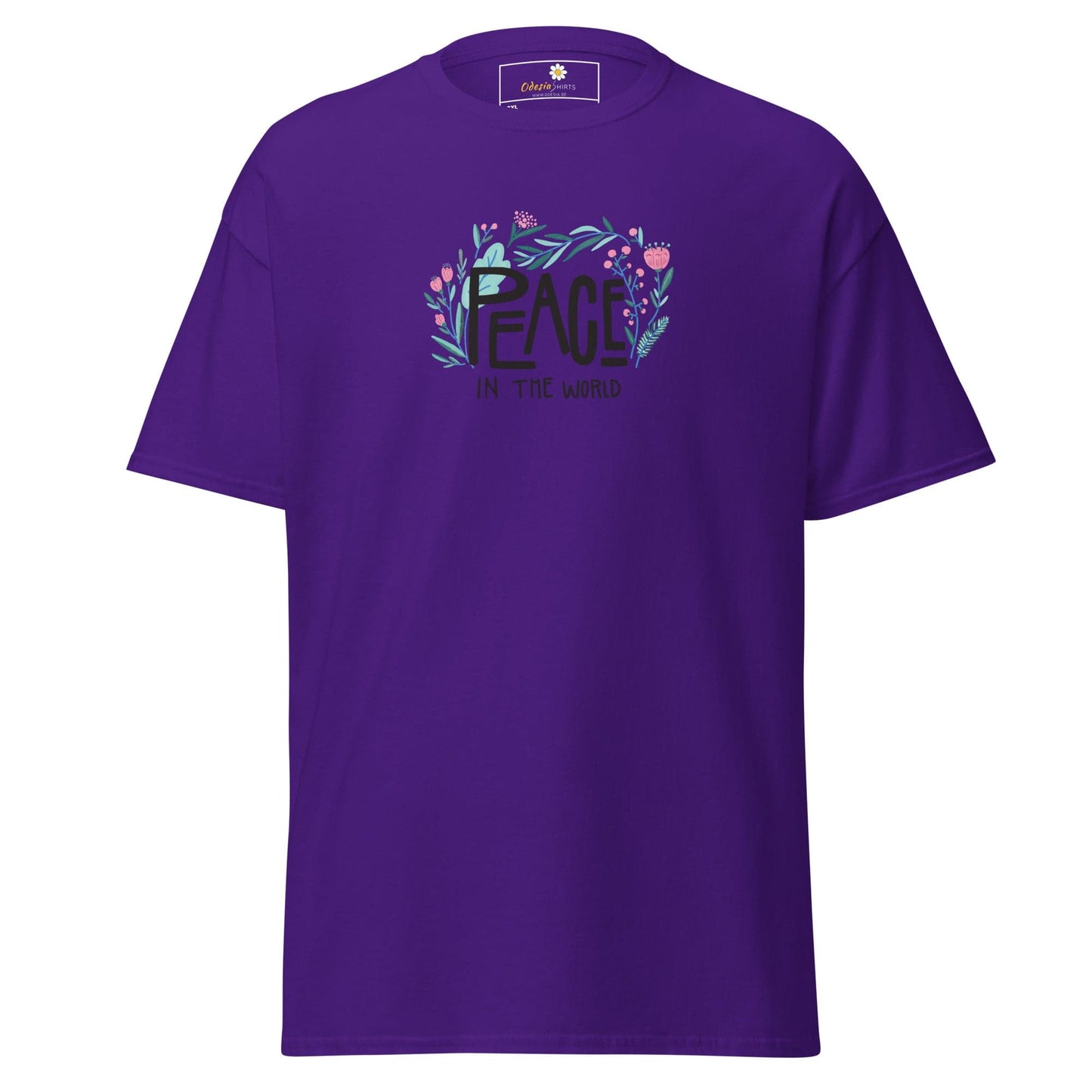 Purple T-shirt with floral peace design for men and women in 2XL to 5XL sizes