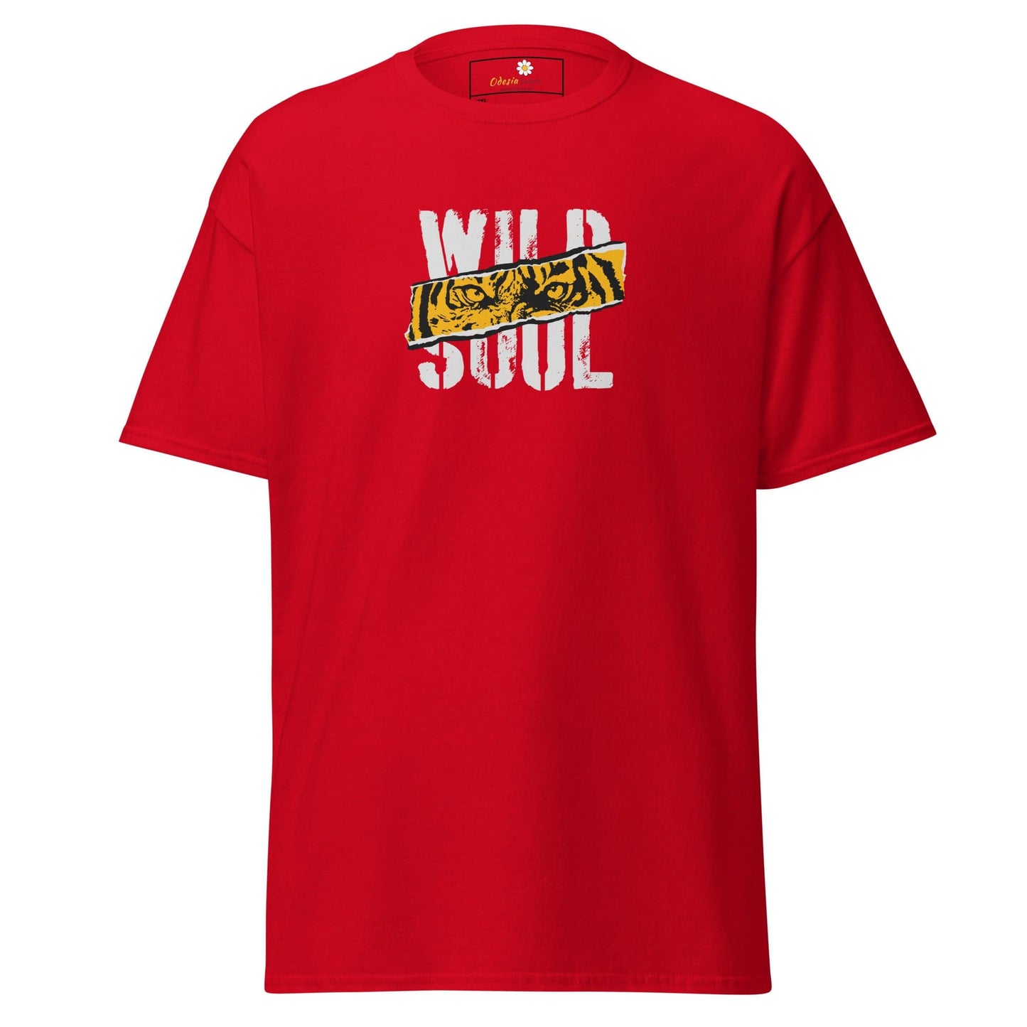 Red t-shirt with ’Wild Soul’ graphic.