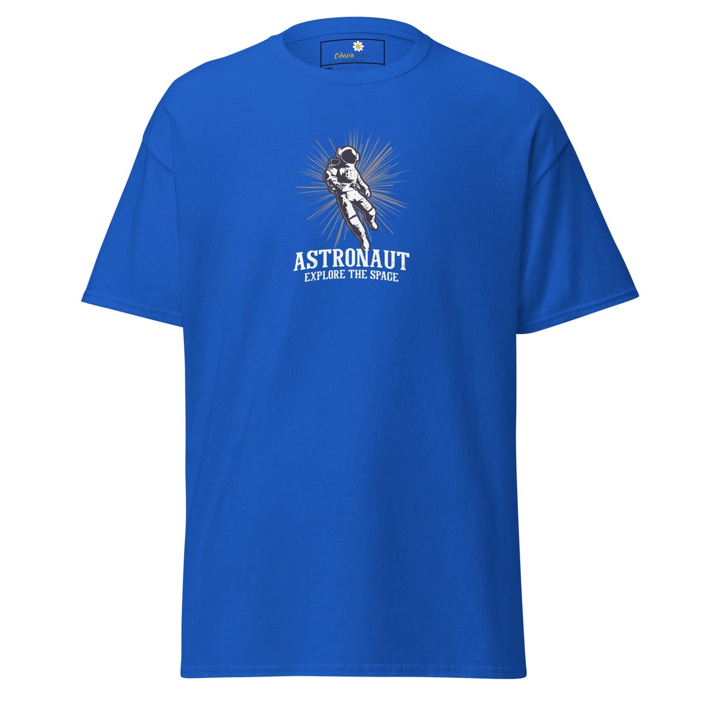 Blue T-shirt featuring an astronaut graphic for men and women in 2XL to 5XL sizes