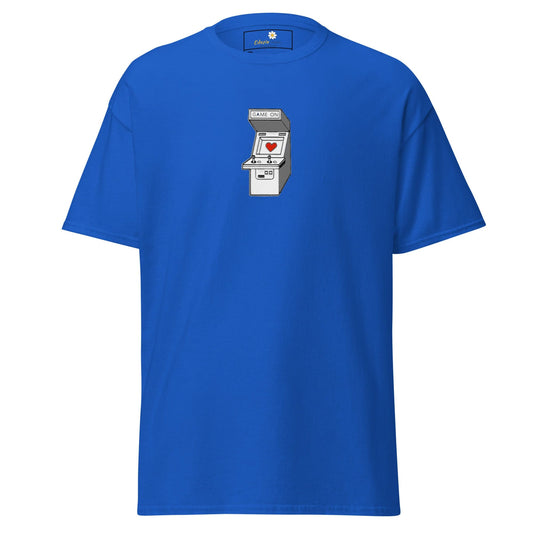 Blue T-shirt with arcade game graphic for Men and Women in 2XL to 5XL sizes