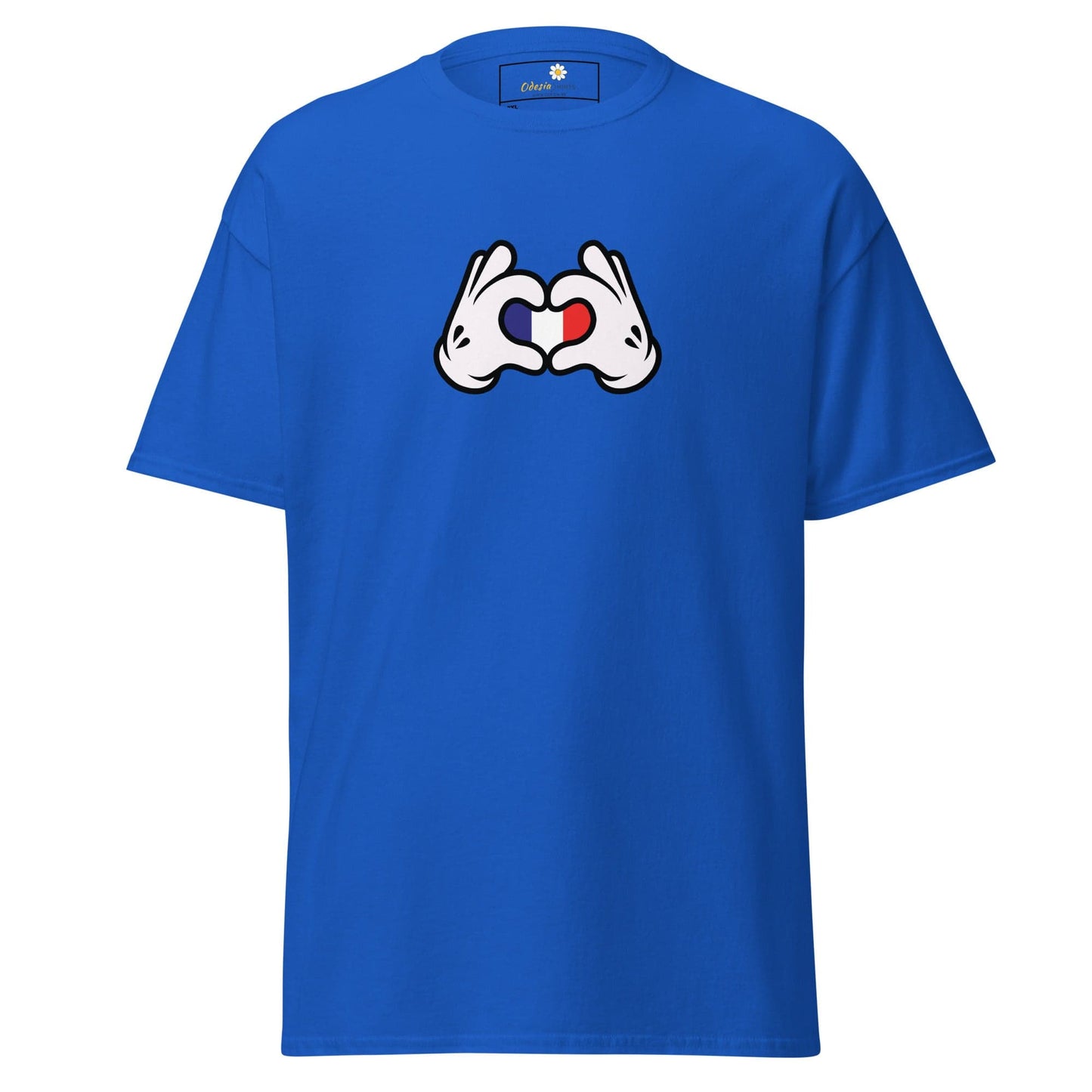 Blue t-shirt with heart-shaped hands.