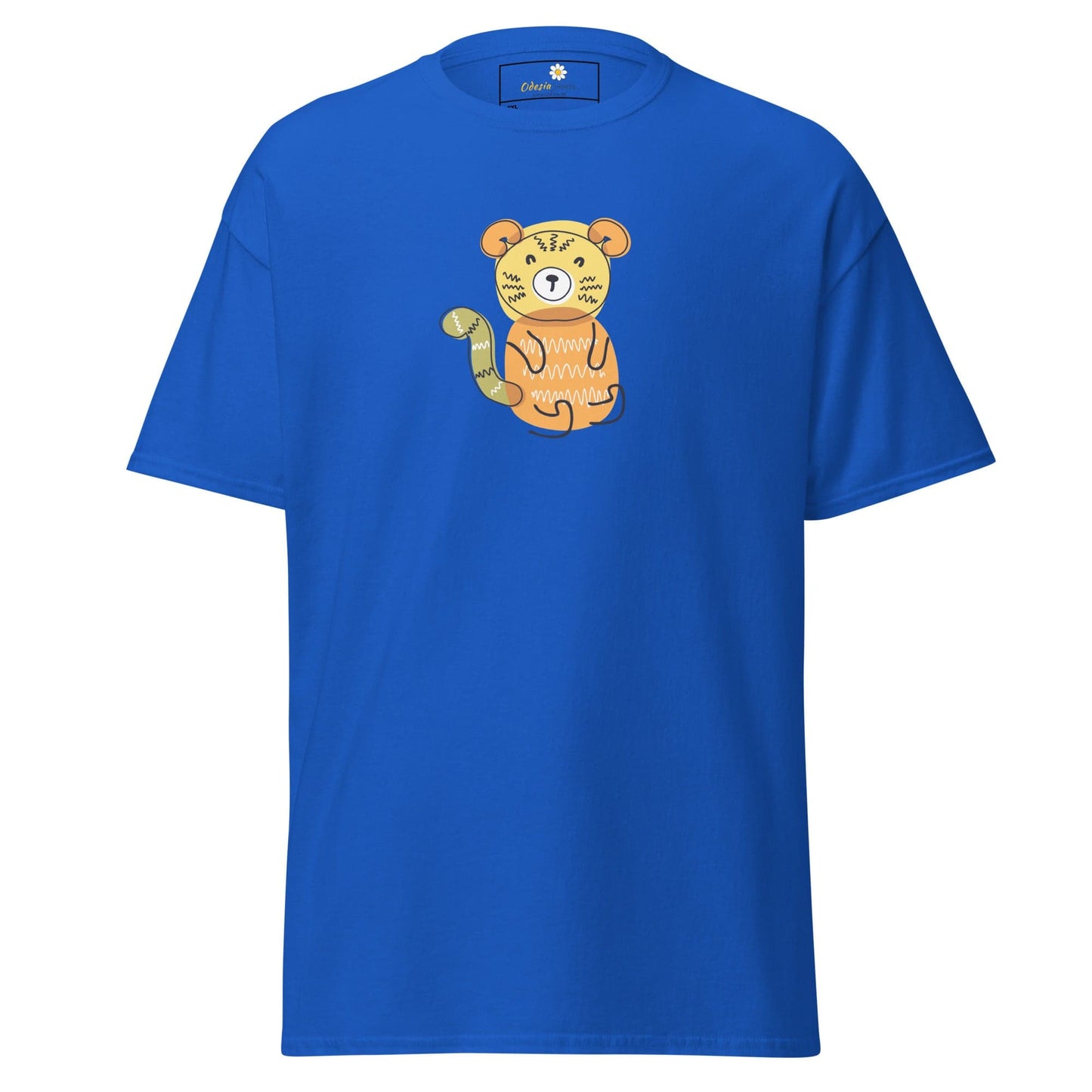 Blue T-shirt with cartoon tiger design, suitable for men and women in sizes 2XL to 5XL
