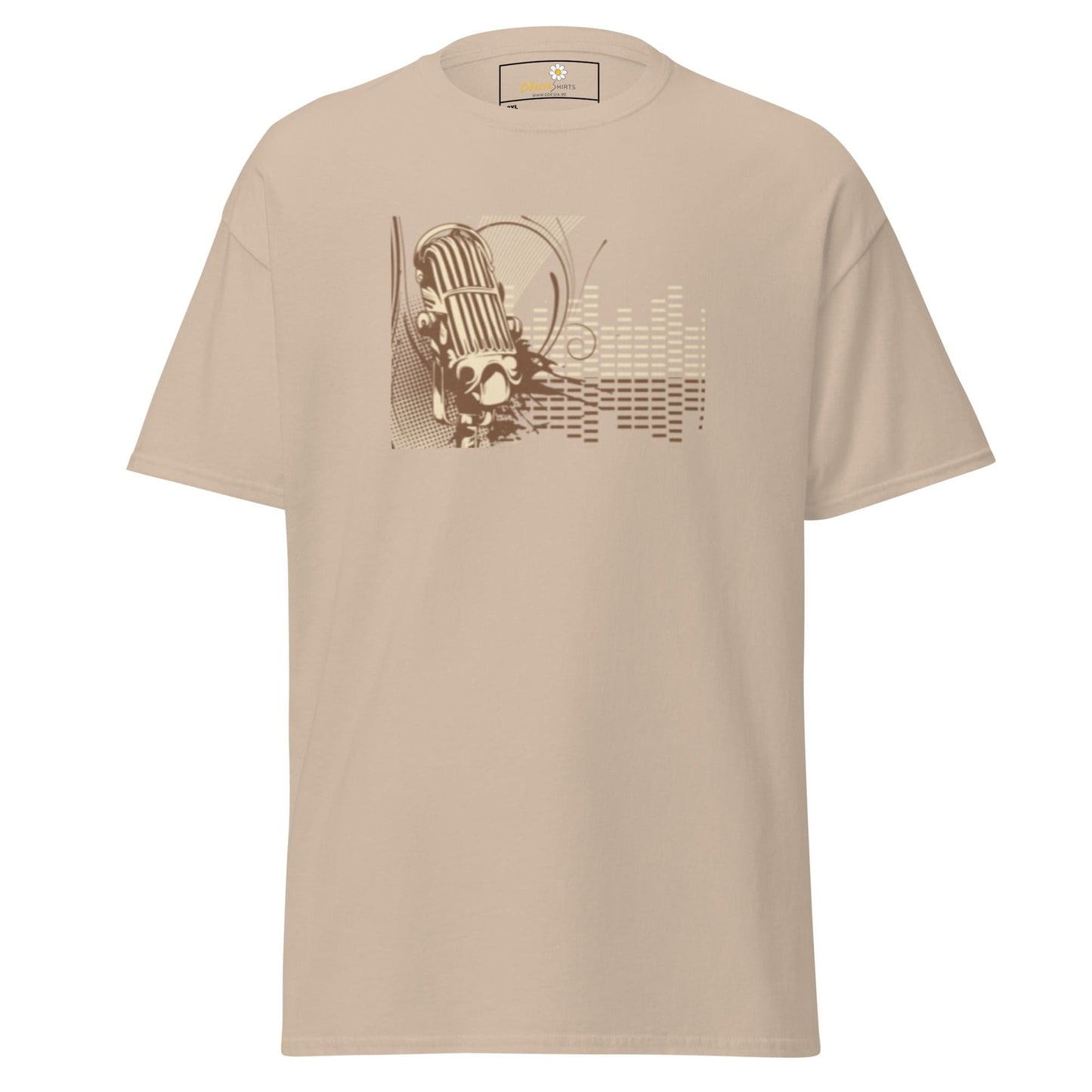Beige t-shirt with microphone graphic available in Men and Women sizes up to 5XL