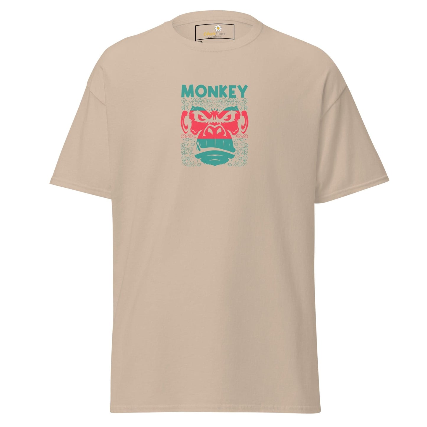 Beige T-shirt featuring a monkey graphic from T-SHIRT DESIGN TEE for Men and Women