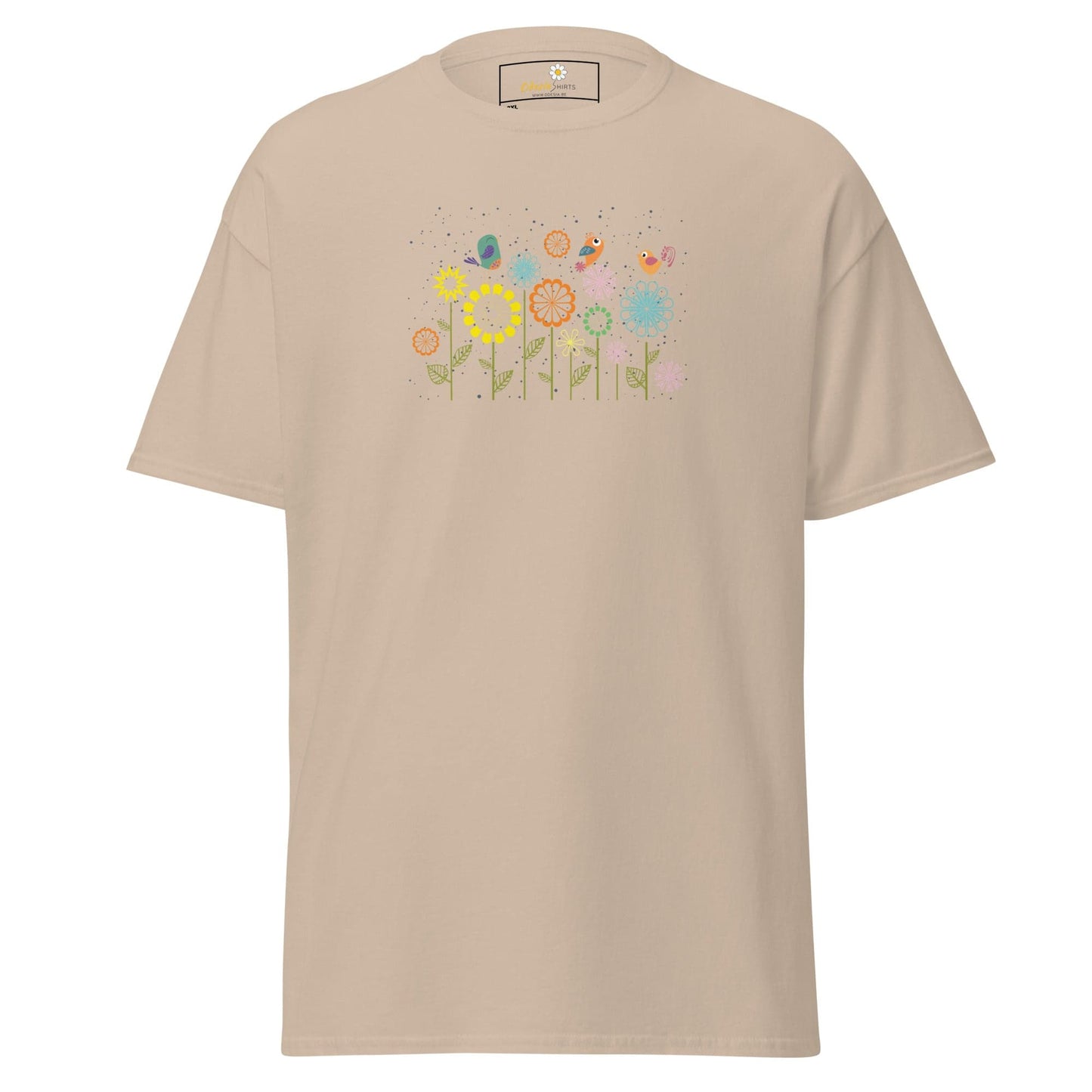 Beige t-shirt with floral design.