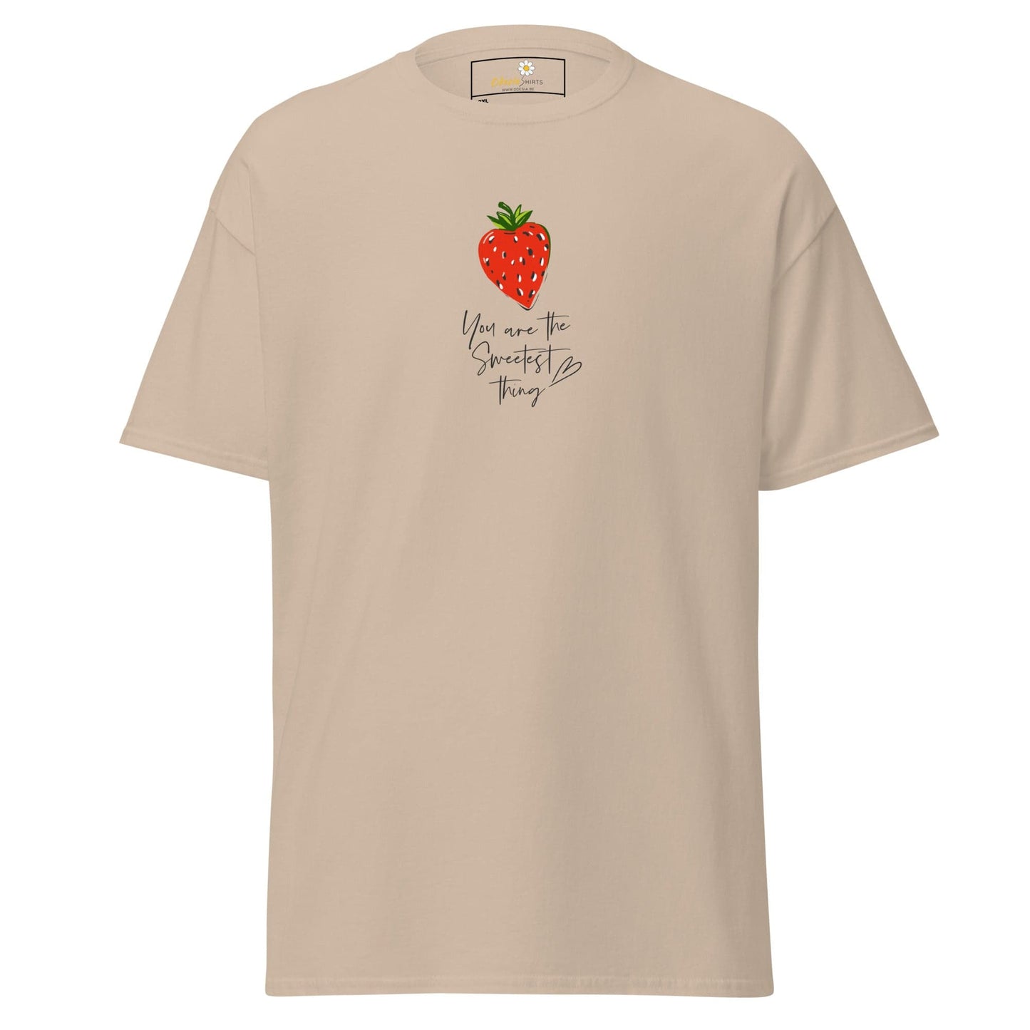 Beige t-shirt with strawberry graphic.