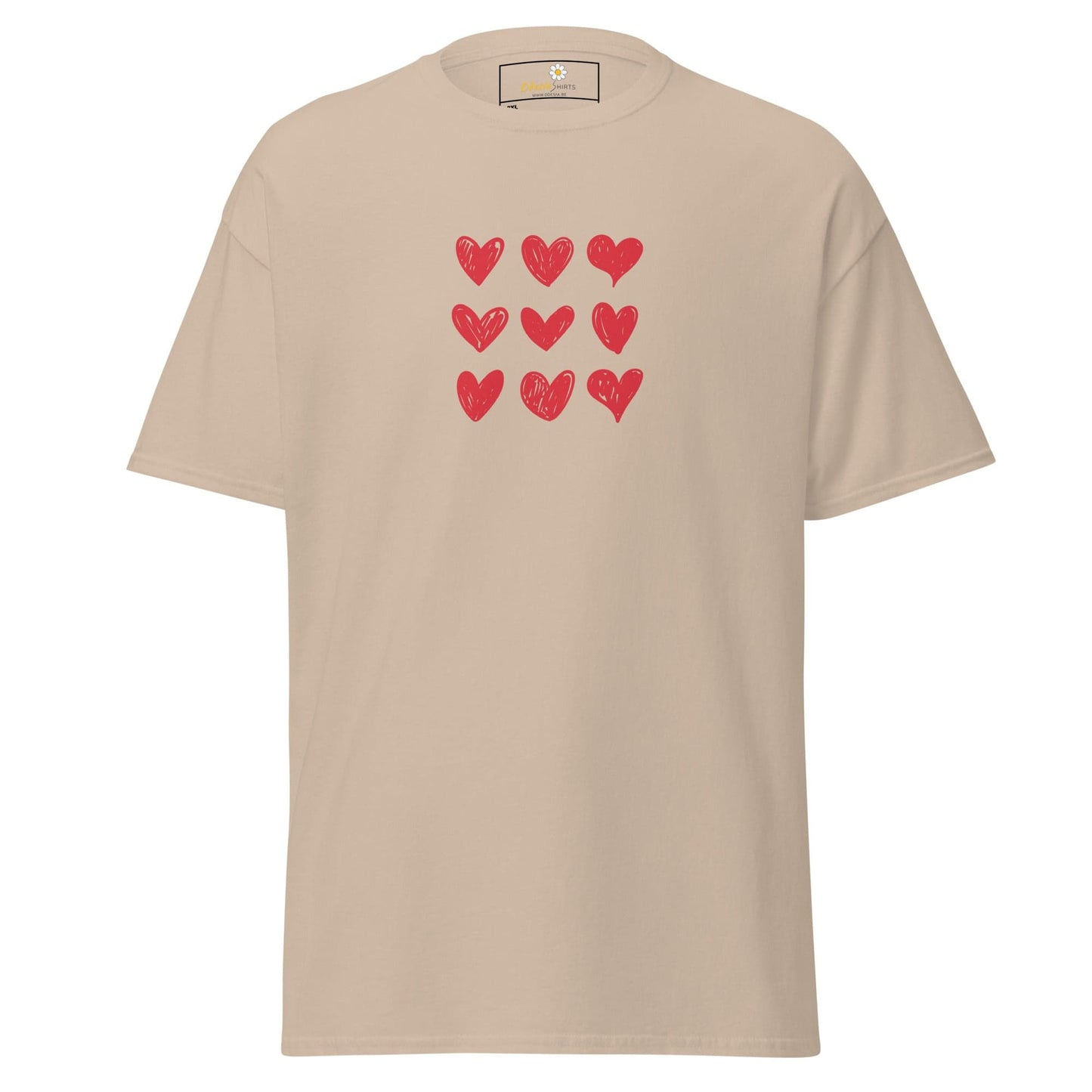 Beige t-shirt with red heart pattern.