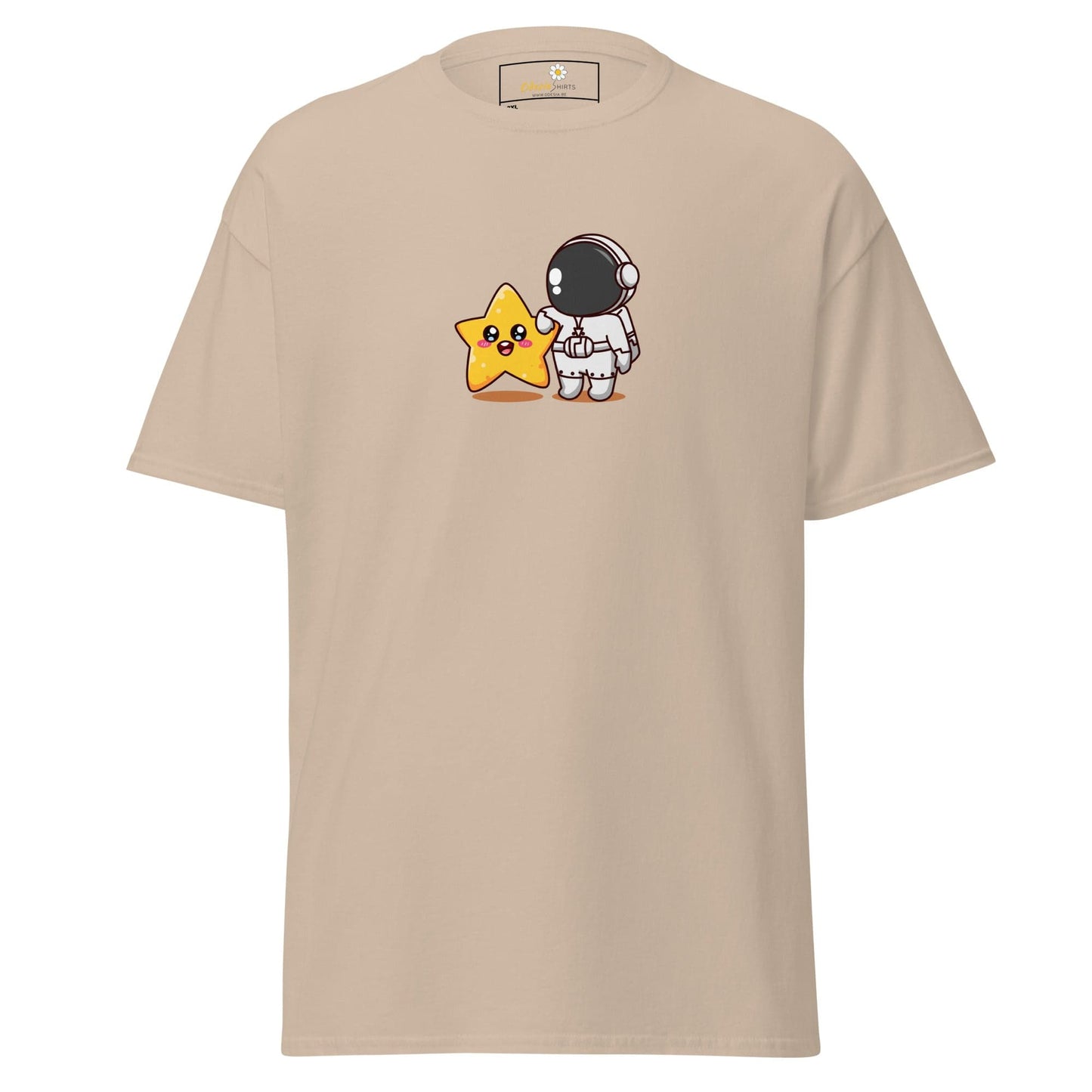 Beige t-shirt with astronaut and star graphic.